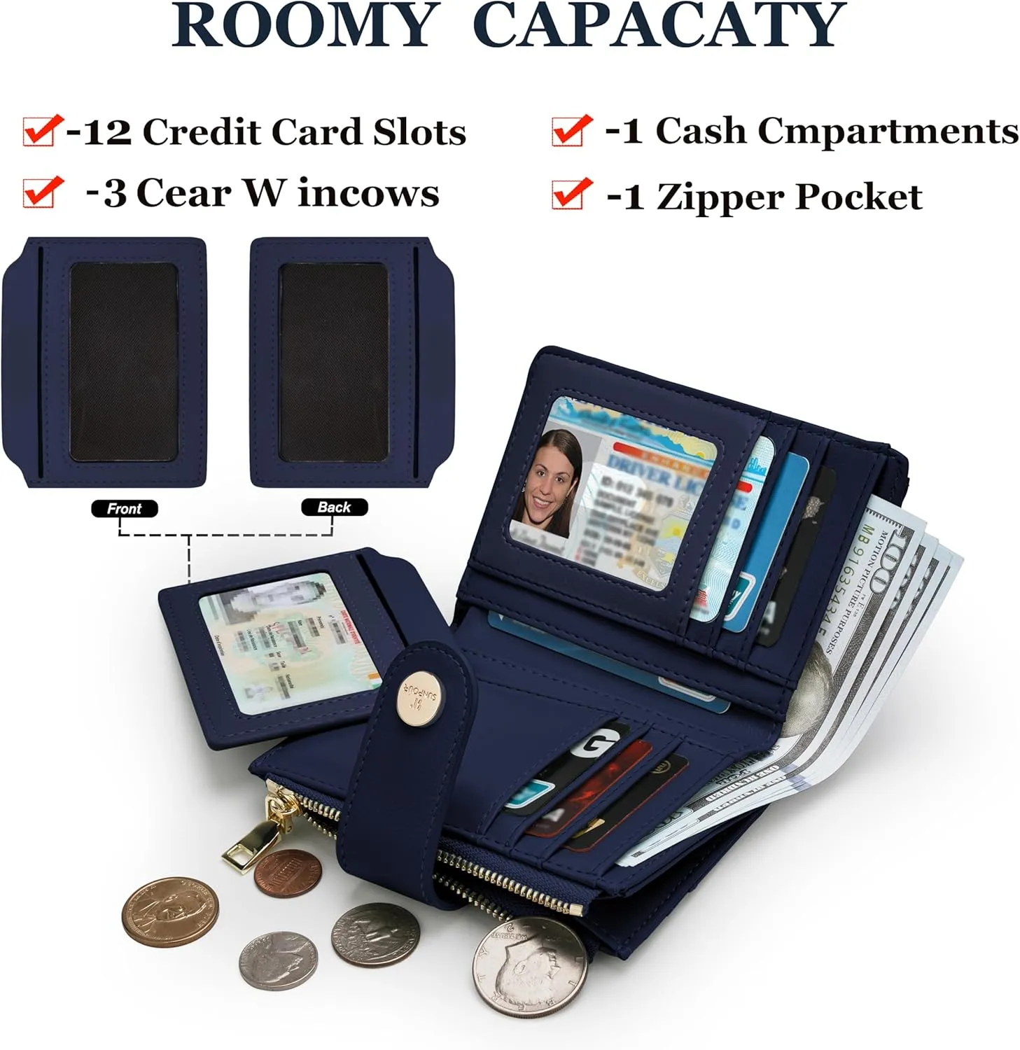 Small Wallet for Women Leather Bifold RFID Blocking Card Holder Wallet Compact Card Wallet Woman with Zipper Coin Pocket (Quilted, Navy Blue)