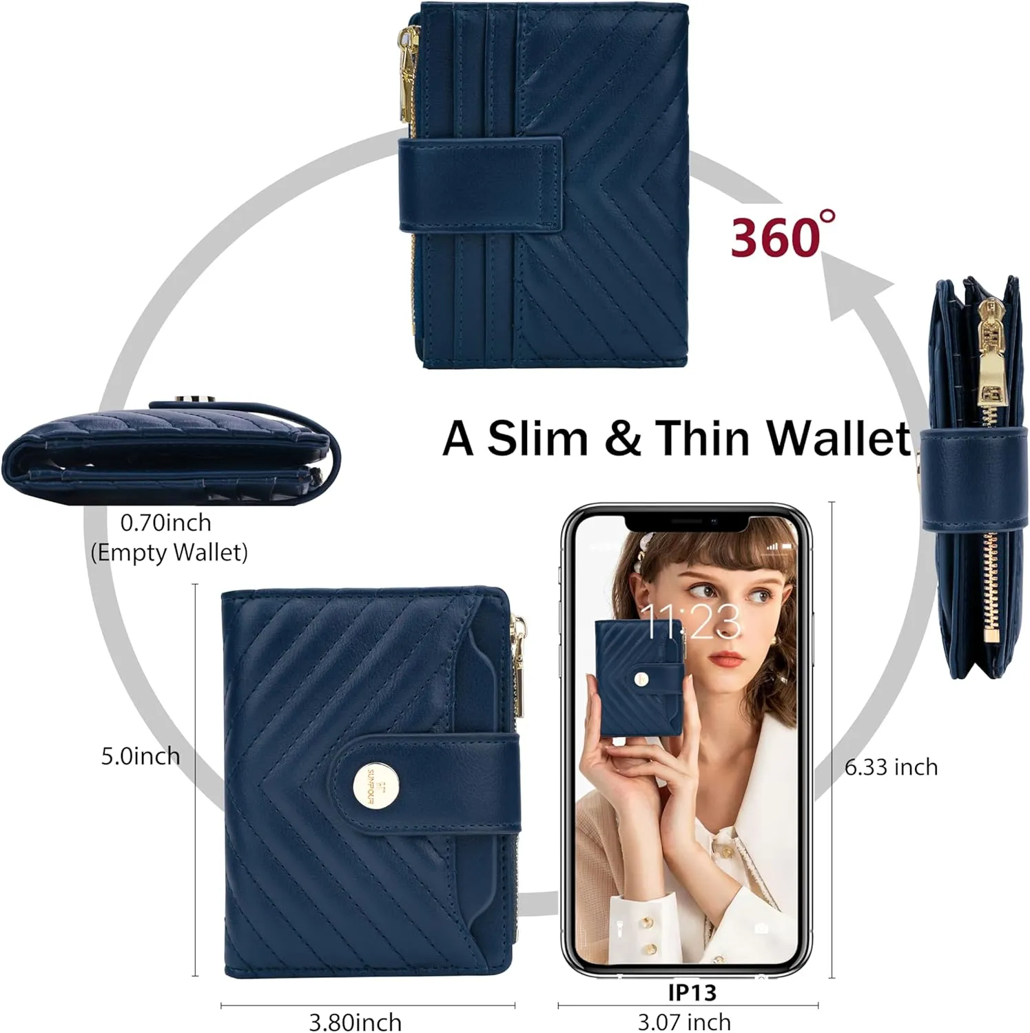 Small Wallet for Women Leather Bifold RFID Blocking Card Holder Wallet Compact Card Wallet Woman with Zipper Coin Pocket (Quilted, Navy Blue)