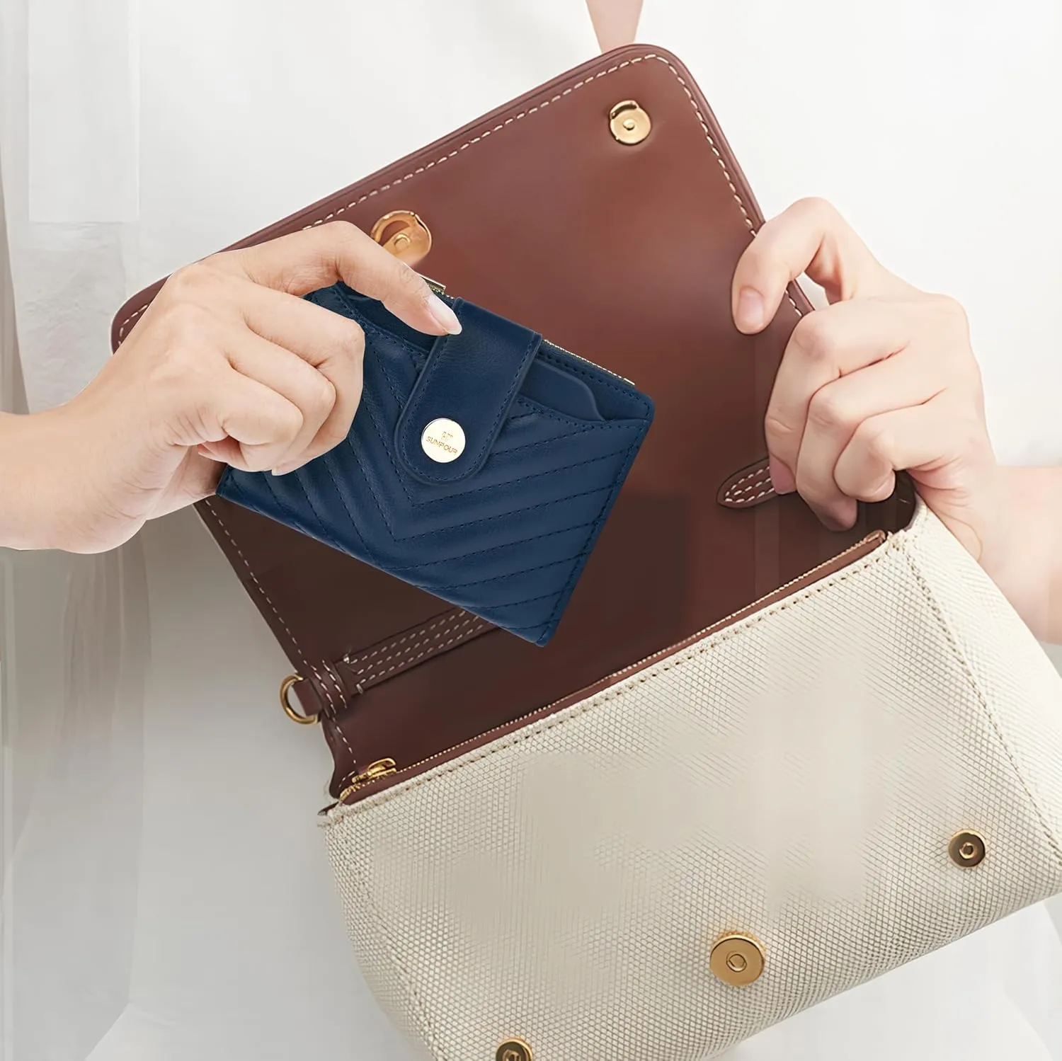 Small Wallet for Women Leather Bifold RFID Blocking Card Holder Wallet Compact Card Wallet Woman with Zipper Coin Pocket (Quilted, Navy Blue)