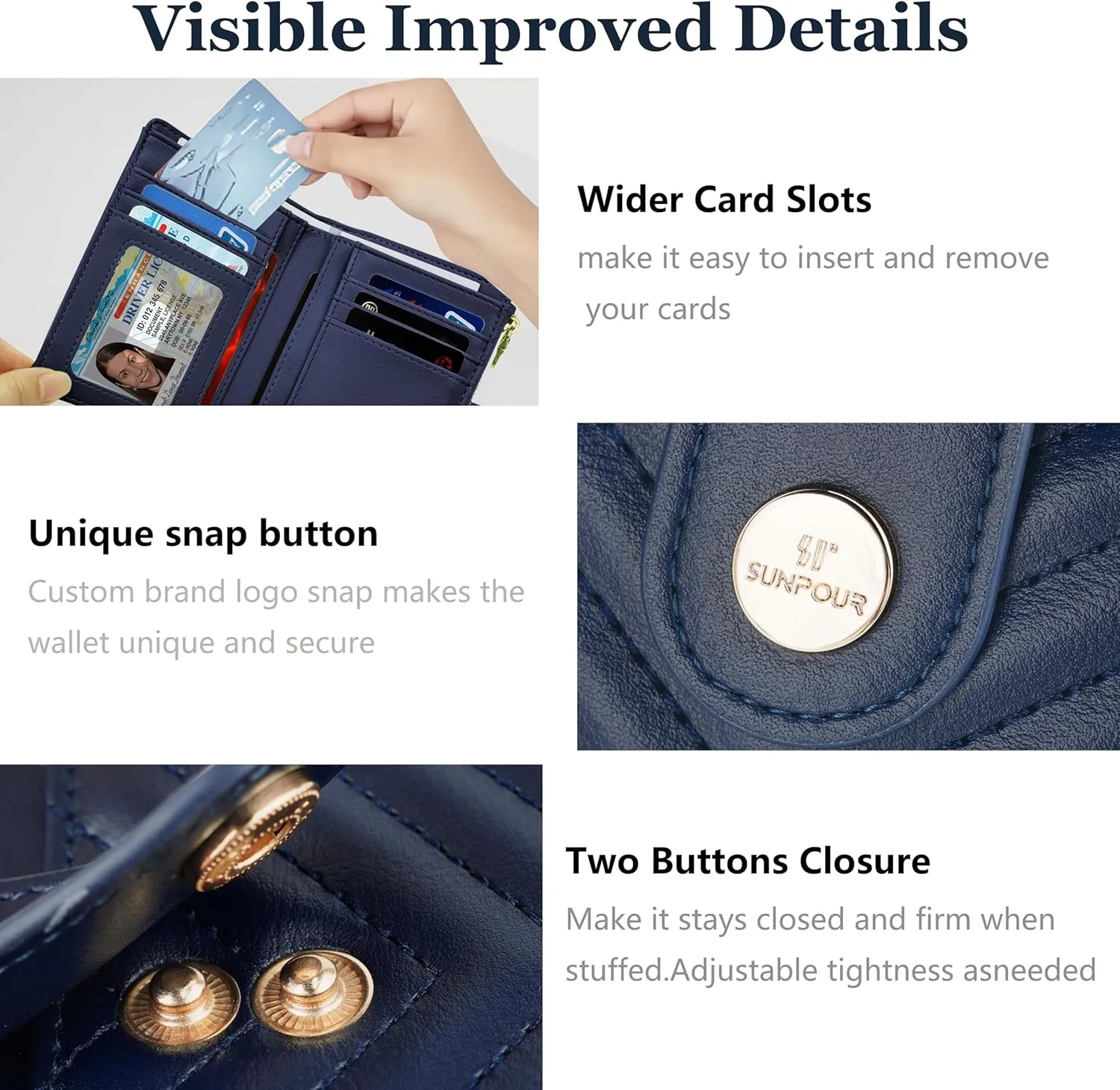 Small Wallet for Women Leather Bifold RFID Blocking Card Holder Wallet Compact Card Wallet Woman with Zipper Coin Pocket (Quilted, Navy Blue)