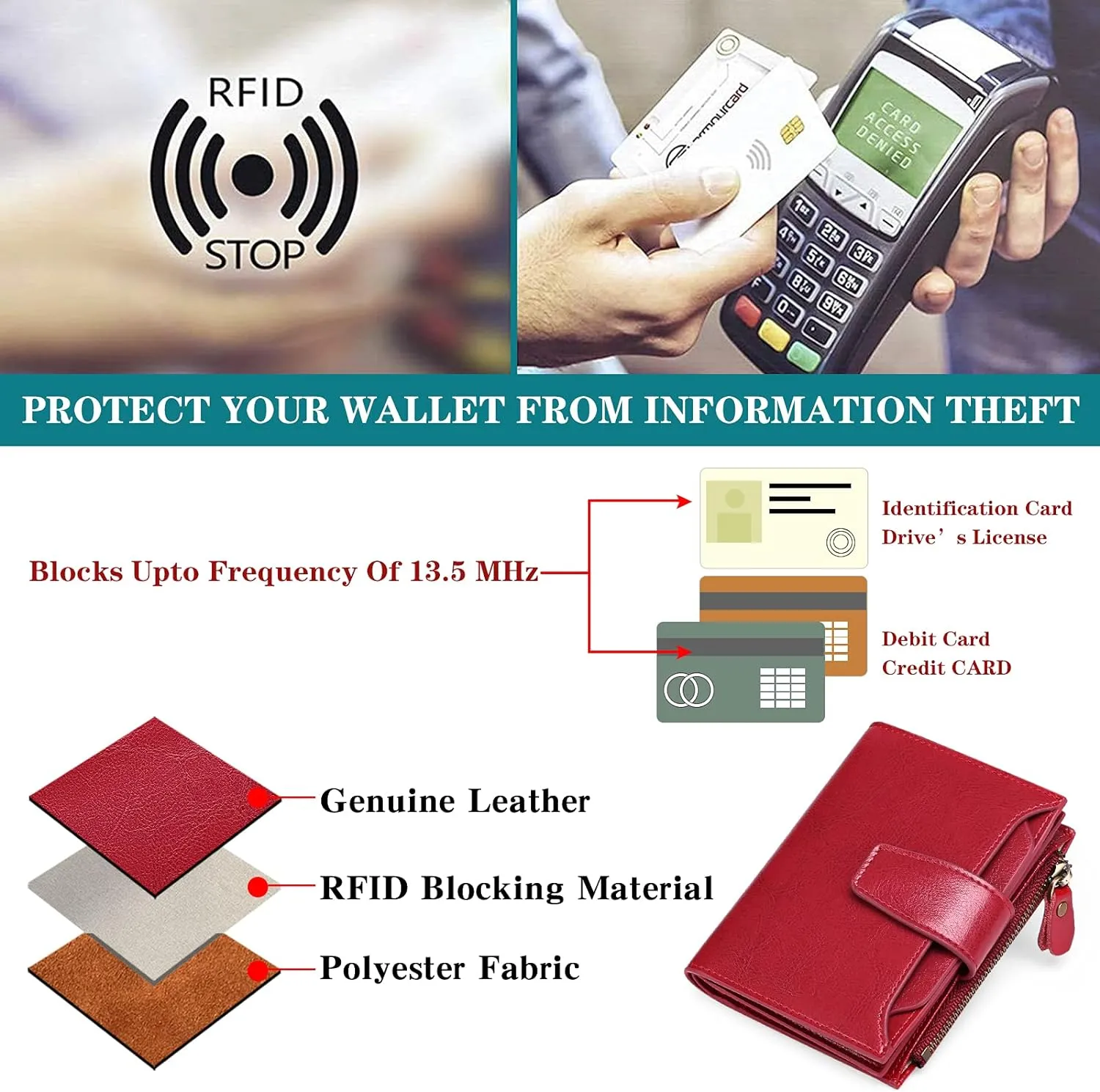 Small Wallet for Women Leather Bifold RFID Blocking Card Holder Wallet Compact Card Wallet Woman with Zipper Coin Pocket (Trifold, Bright Red)