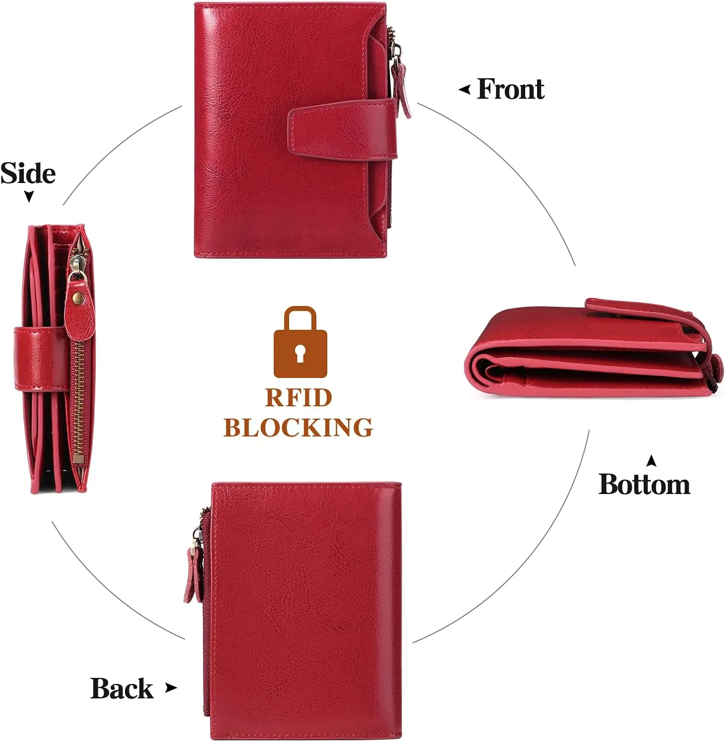 Small Wallet for Women Leather Bifold RFID Blocking Card Holder Wallet Compact Card Wallet Woman with Zipper Coin Pocket (Trifold, Bright Red)