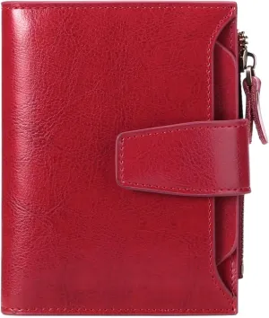 Small Wallet for Women Leather Bifold RFID Blocking Card Holder Wallet Compact Card Wallet Woman with Zipper Coin Pocket (Trifold, Bright Red)