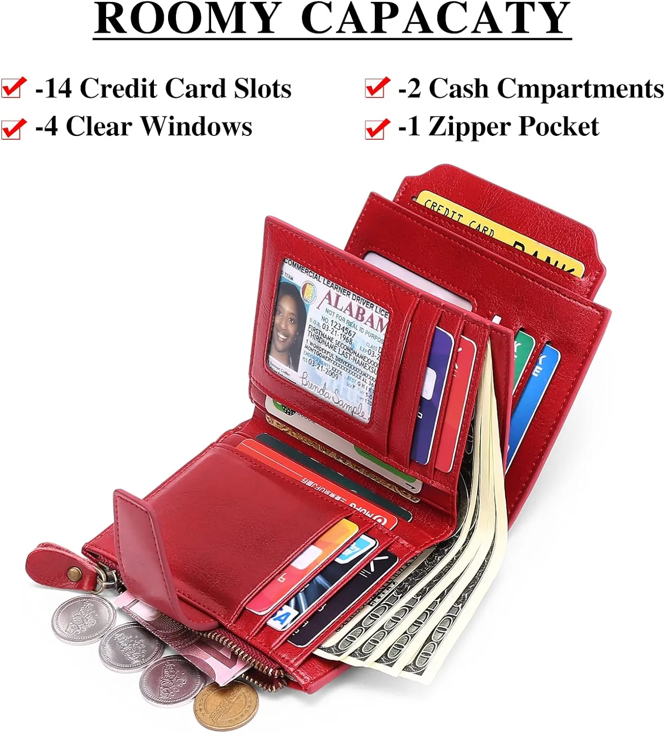 Small Wallet for Women Leather Bifold RFID Blocking Card Holder Wallet Compact Card Wallet Woman with Zipper Coin Pocket (Trifold, Bright Red)