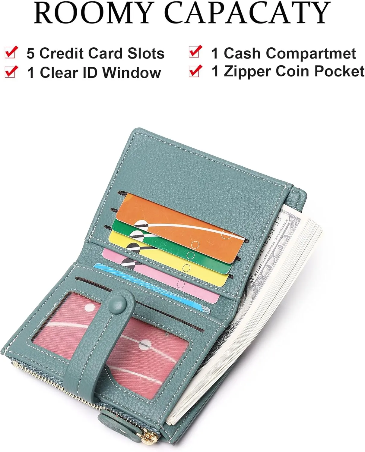 Small Wallet for Women,Leather RFID Blocking Wallets Women,Bifold Wallets Ladies Card Holder Zipper Coin Pocket with ID Window Green