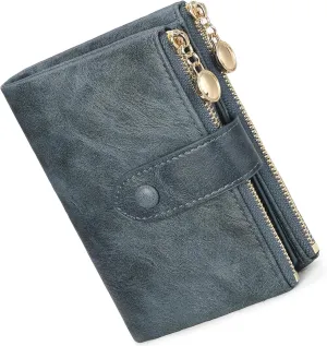 Small Wallets for Women Leather RFID Blocking Bifold Double Zipper Pockets Wallet Card Case Purse with 2 ID Windows