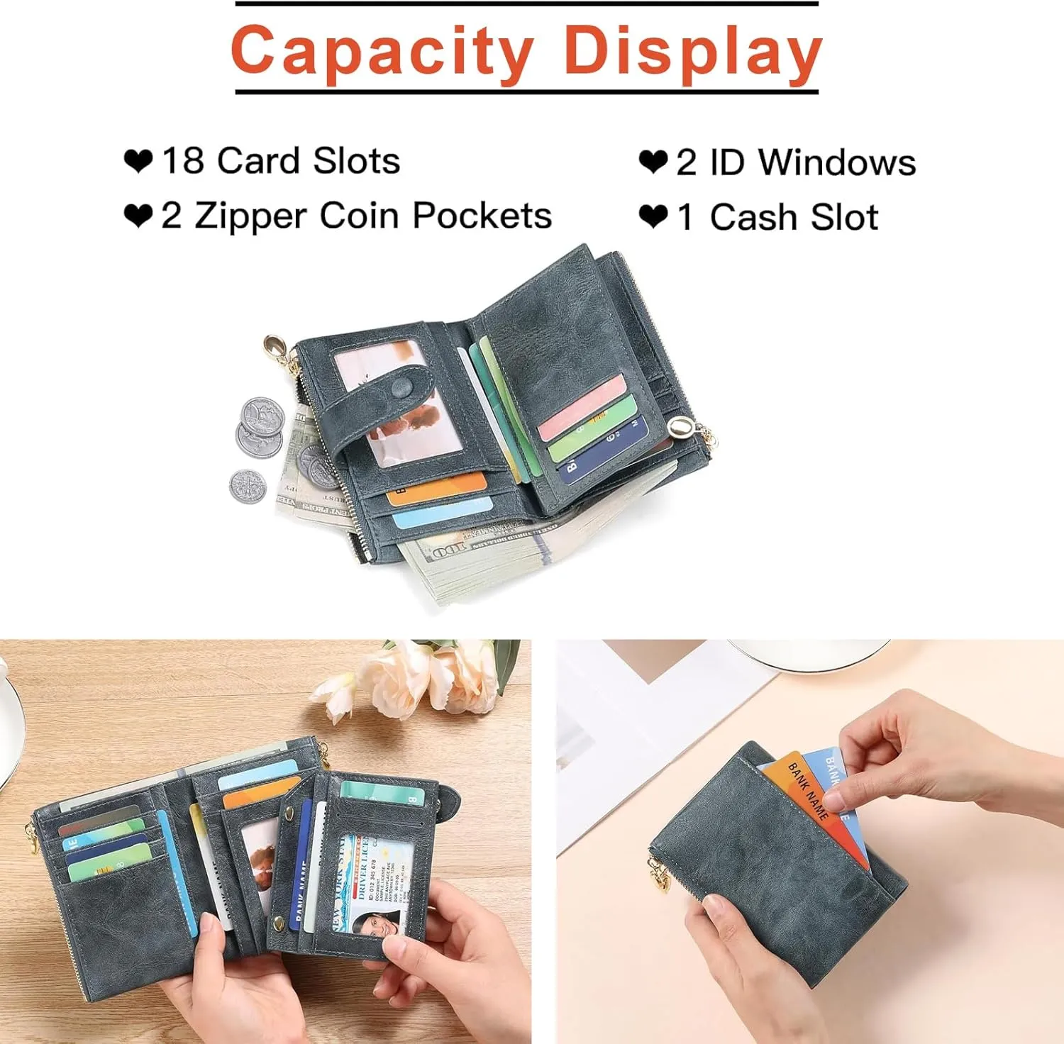 Small Wallets for Women Leather RFID Blocking Bifold Double Zipper Pockets Wallet Card Case Purse with 2 ID Windows