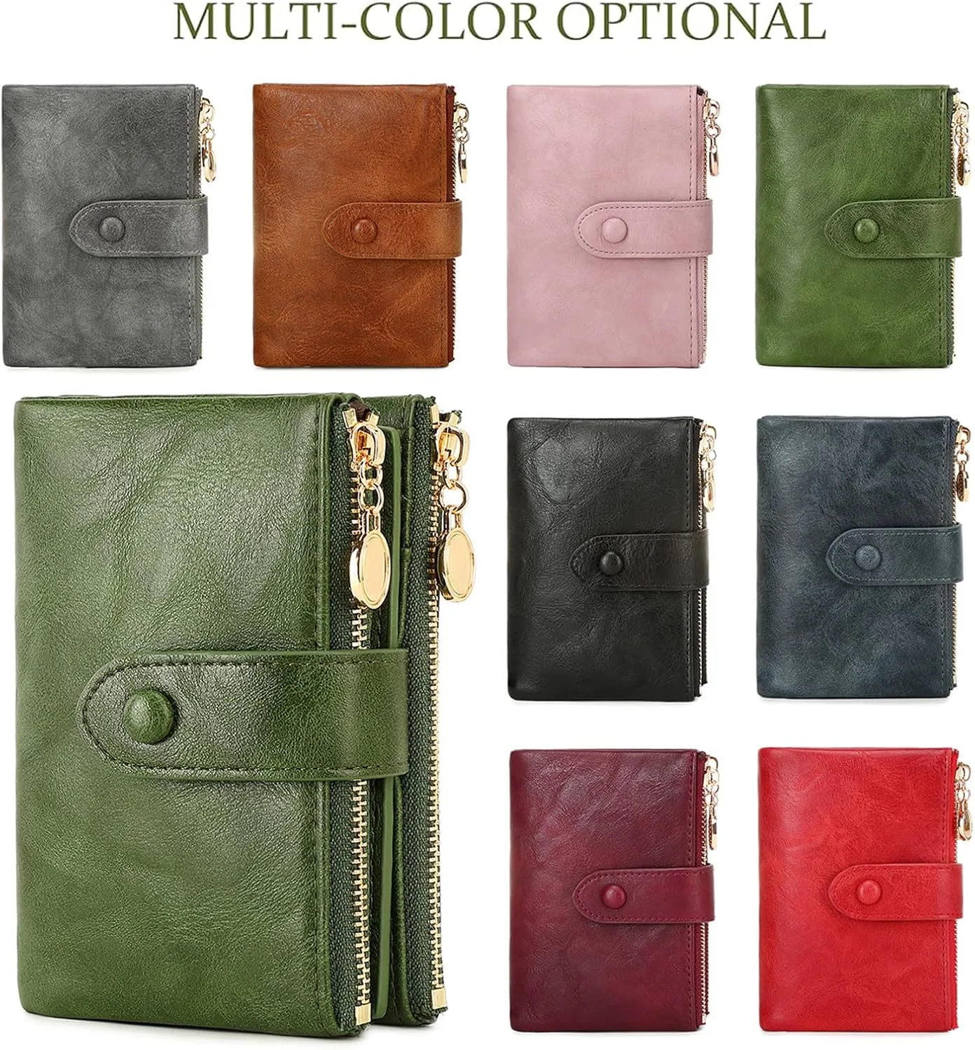 Small Wallets for Women Leather RFID Blocking Bifold Double Zipper Pockets Wallet Card Case Purse with 2 ID Windows