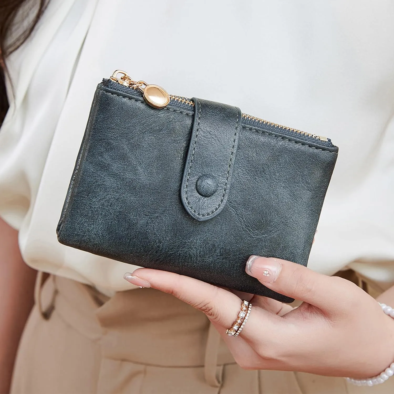 Small Wallets for Women Leather RFID Blocking Bifold Double Zipper Pockets Wallet Card Case Purse with 2 ID Windows
