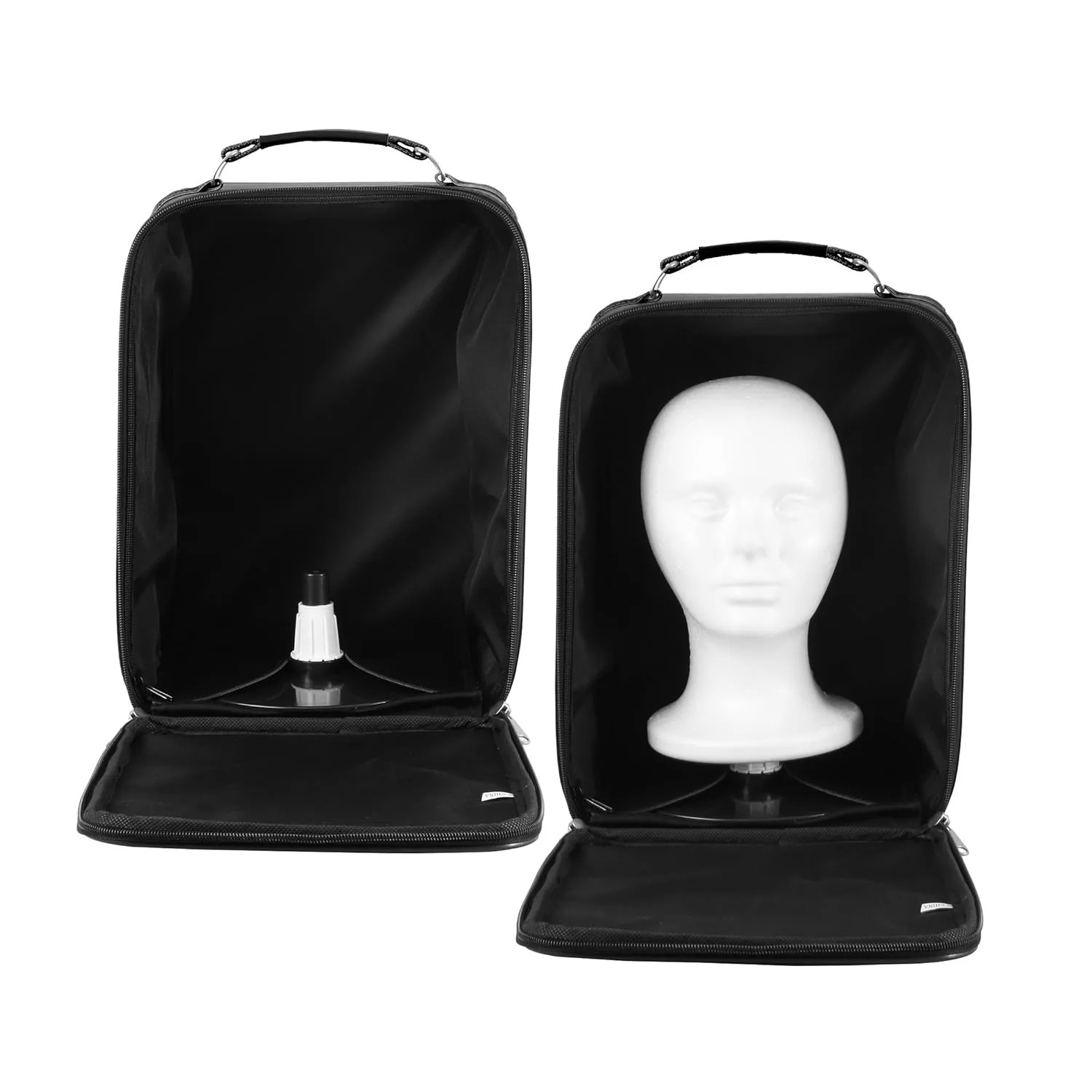 Small Wig Travel Box with Top Handle, Shoulder Strap & Double Zipper, Carrying Case with Removable Head-Holding Base - Black Square Design - by Adolfo Design