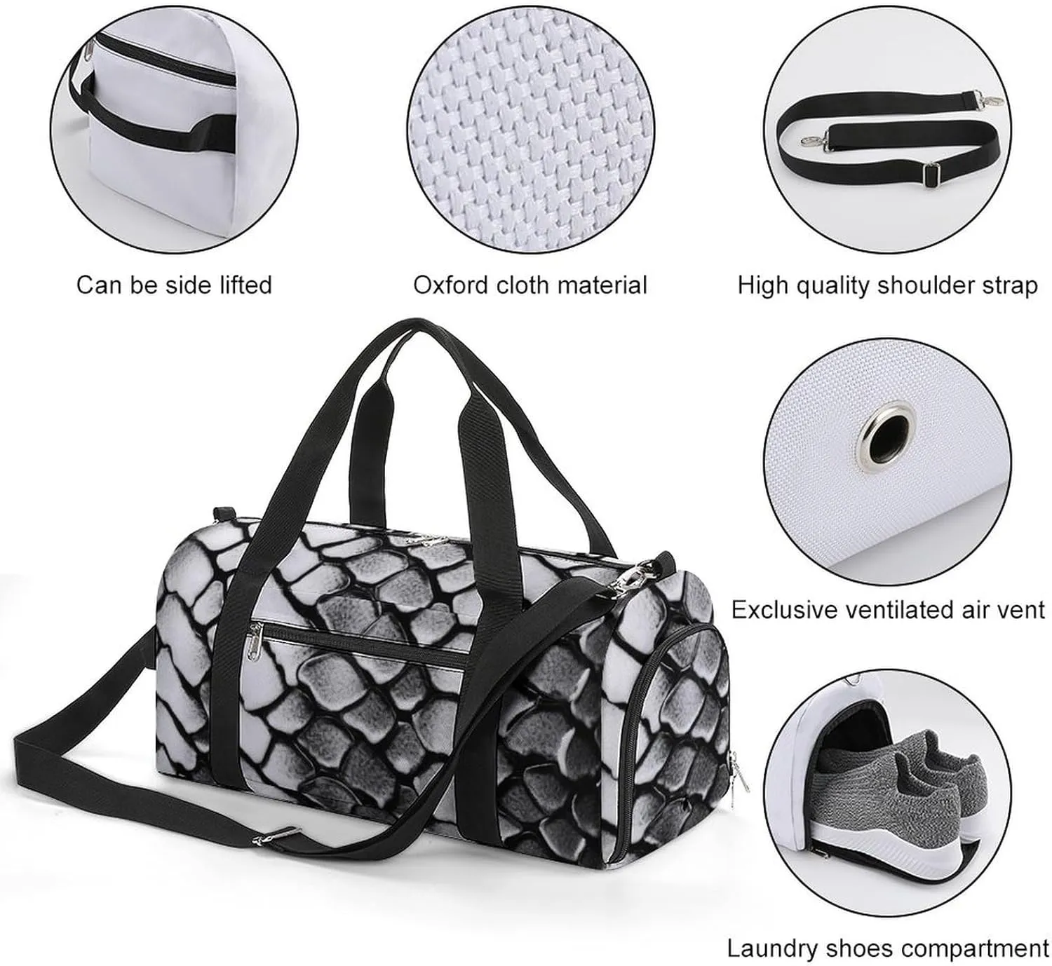 Snake Skin Black And White Sports Gym Bag Carry on Holdalls for Men Small Duffel Bags for Women with Shoe Compartment