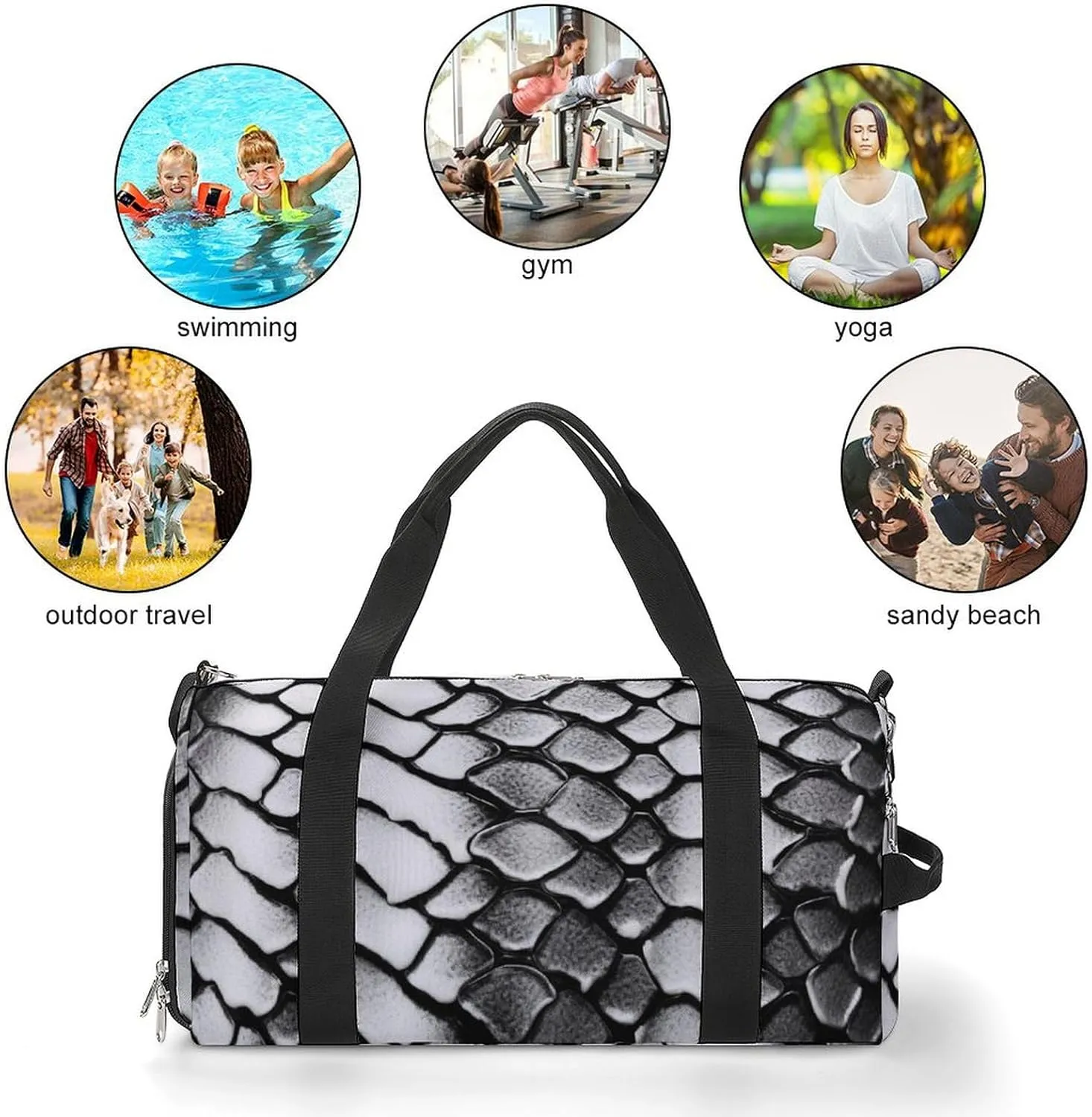 Snake Skin Black And White Sports Gym Bag Carry on Holdalls for Men Small Duffel Bags for Women with Shoe Compartment