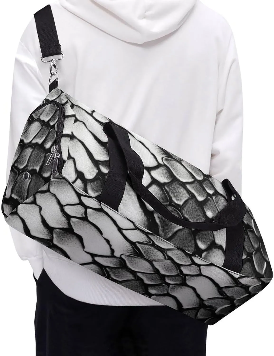 Snake Skin Black And White Sports Gym Bag Carry on Holdalls for Men Small Duffel Bags for Women with Shoe Compartment