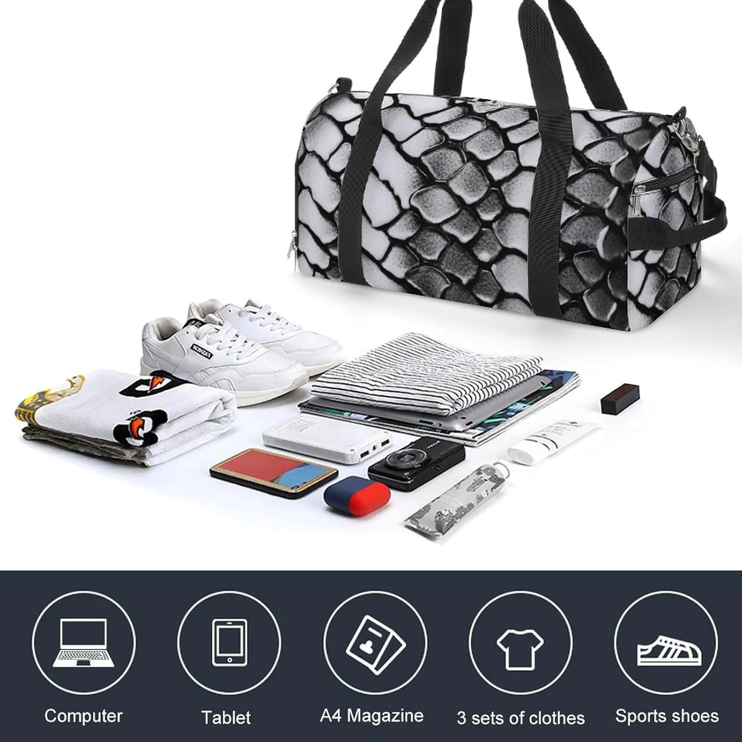 Snake Skin Black And White Sports Gym Bag Carry on Holdalls for Men Small Duffel Bags for Women with Shoe Compartment