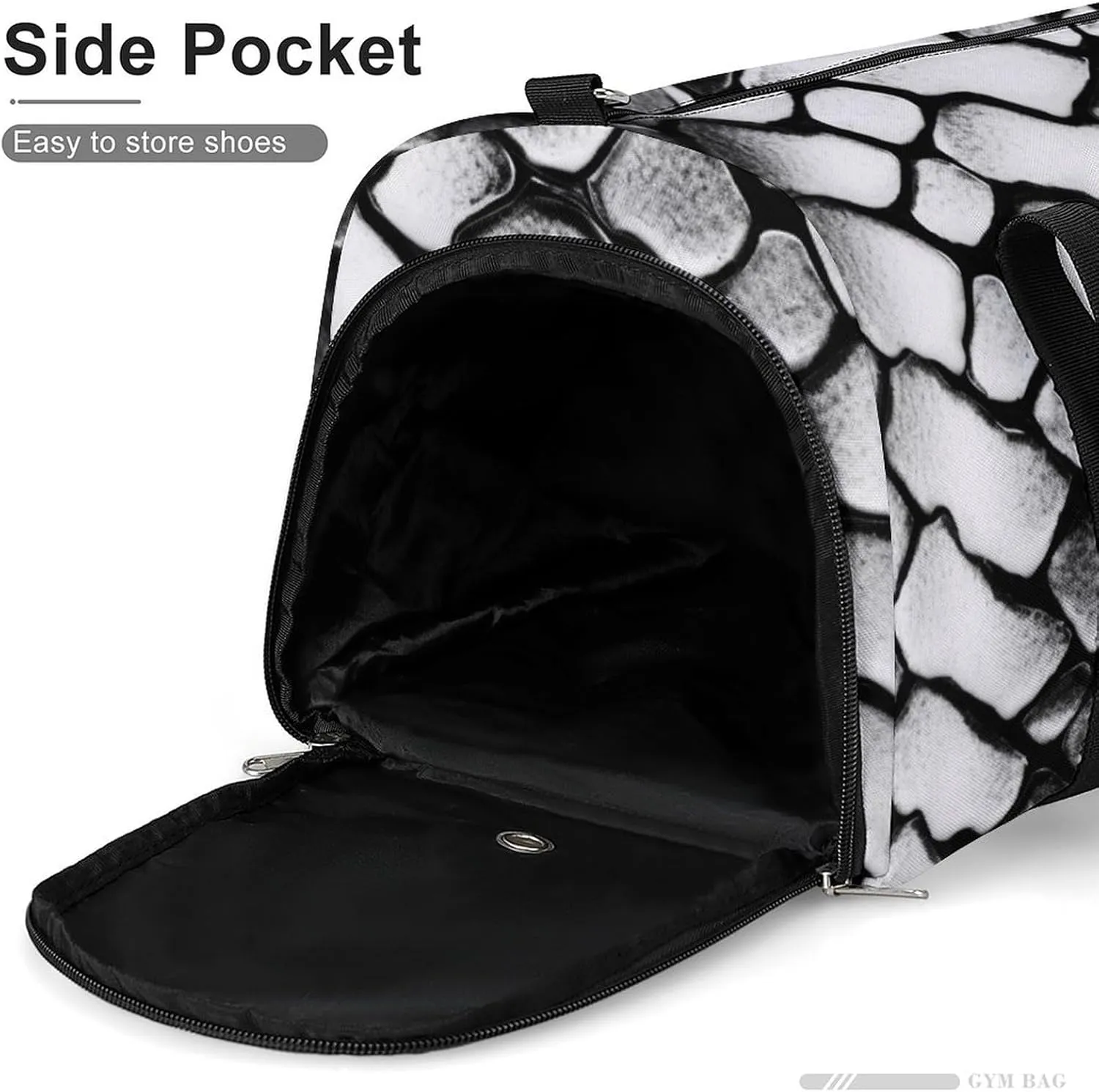 Snake Skin Black And White Sports Gym Bag Carry on Holdalls for Men Small Duffel Bags for Women with Shoe Compartment
