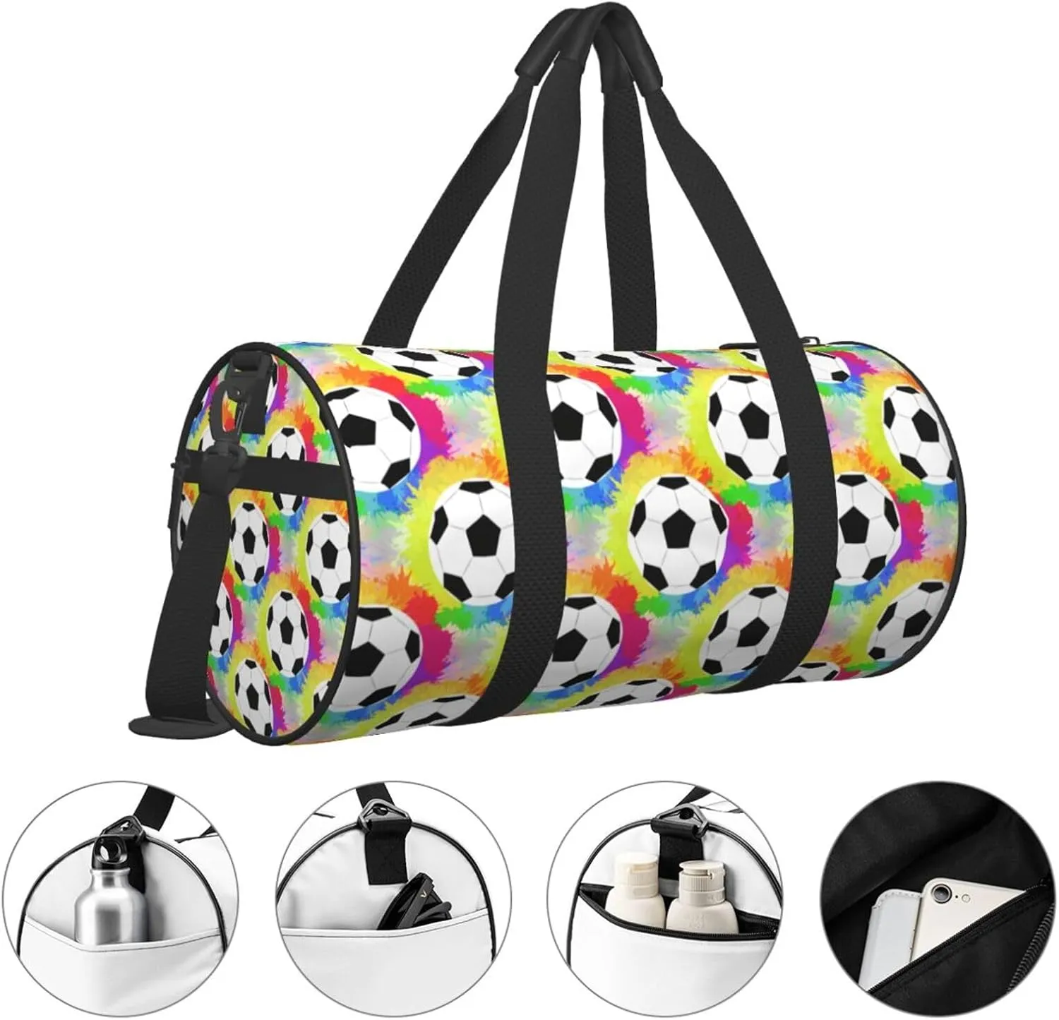 Soccer watercolor rainbow spray Round Travel Duffel Bag Large Capacity Gym Sports Bags for Hiking Vacation Trips