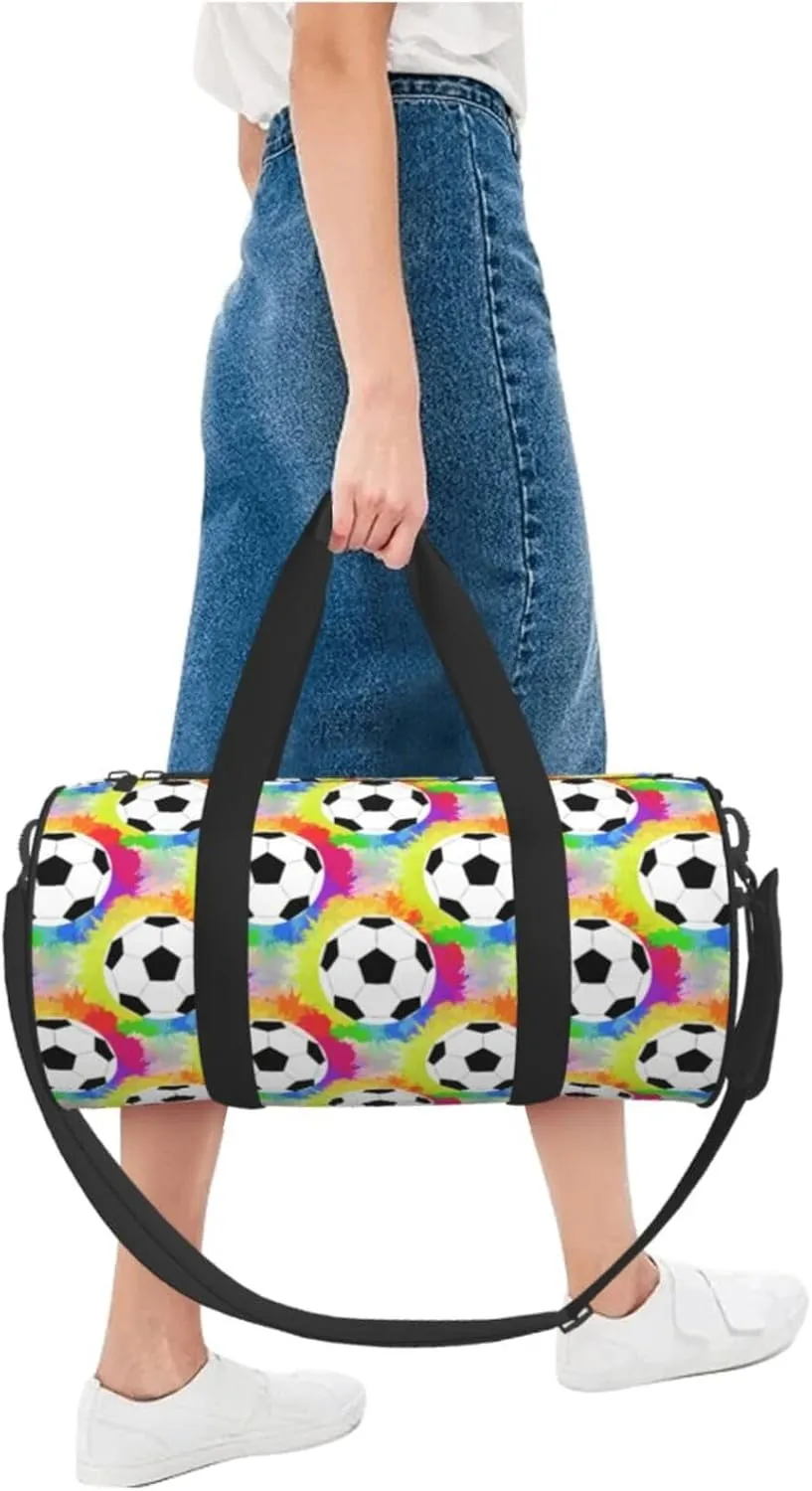 Soccer watercolor rainbow spray Round Travel Duffel Bag Large Capacity Gym Sports Bags for Hiking Vacation Trips