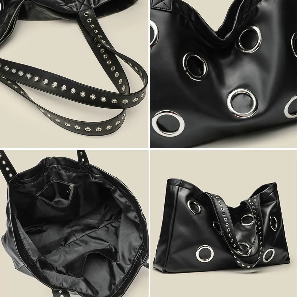 Soft Vegan Leather Tote Bag Large Studded Purses for Women Y2K Handbags Hollow Stud Shoulder Satchels 2025