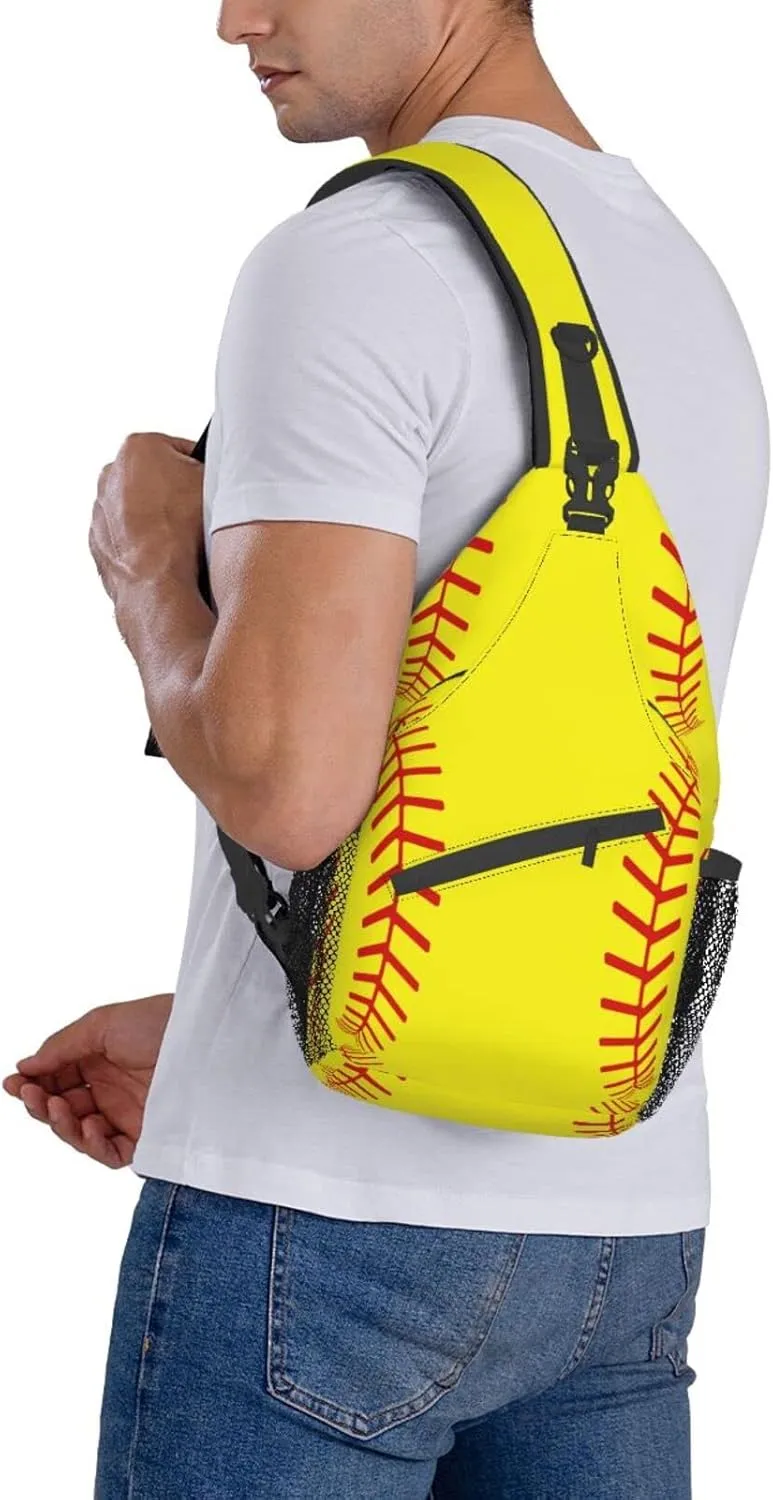 Softball Stitches Sport Sling Bag for Women Men Crossbody Backpack Cycling Hiking Daypack Chest Shoulder Bag with Adjustable Strap