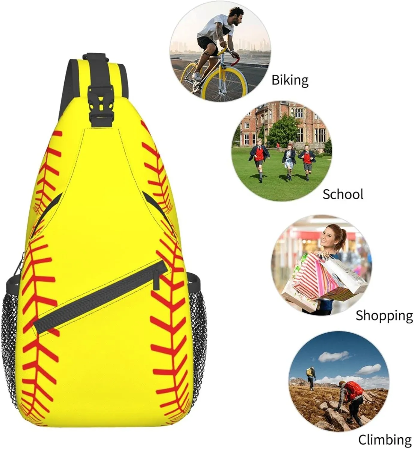 Softball Stitches Sport Sling Bag for Women Men Crossbody Backpack Cycling Hiking Daypack Chest Shoulder Bag with Adjustable Strap