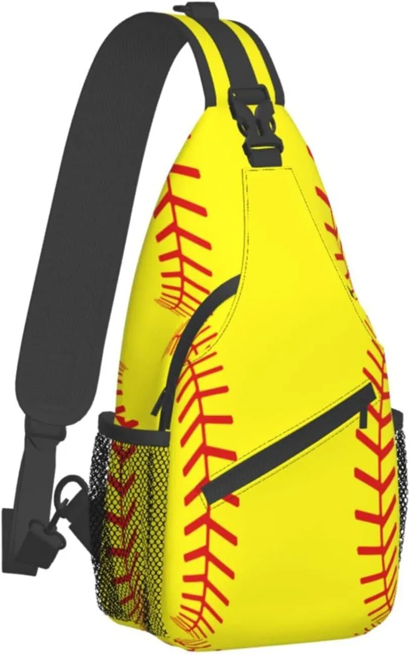 Softball Stitches Sport Sling Bag for Women Men Crossbody Backpack Cycling Hiking Daypack Chest Shoulder Bag with Adjustable Strap
