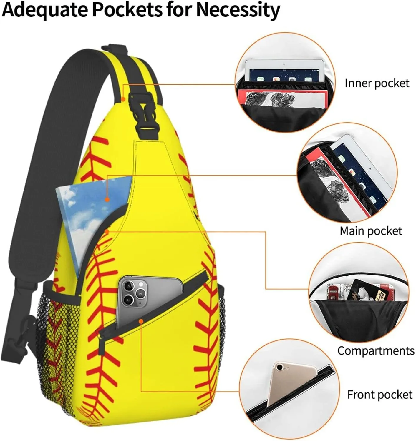 Softball Stitches Sport Sling Bag for Women Men Crossbody Backpack Cycling Hiking Daypack Chest Shoulder Bag with Adjustable Strap
