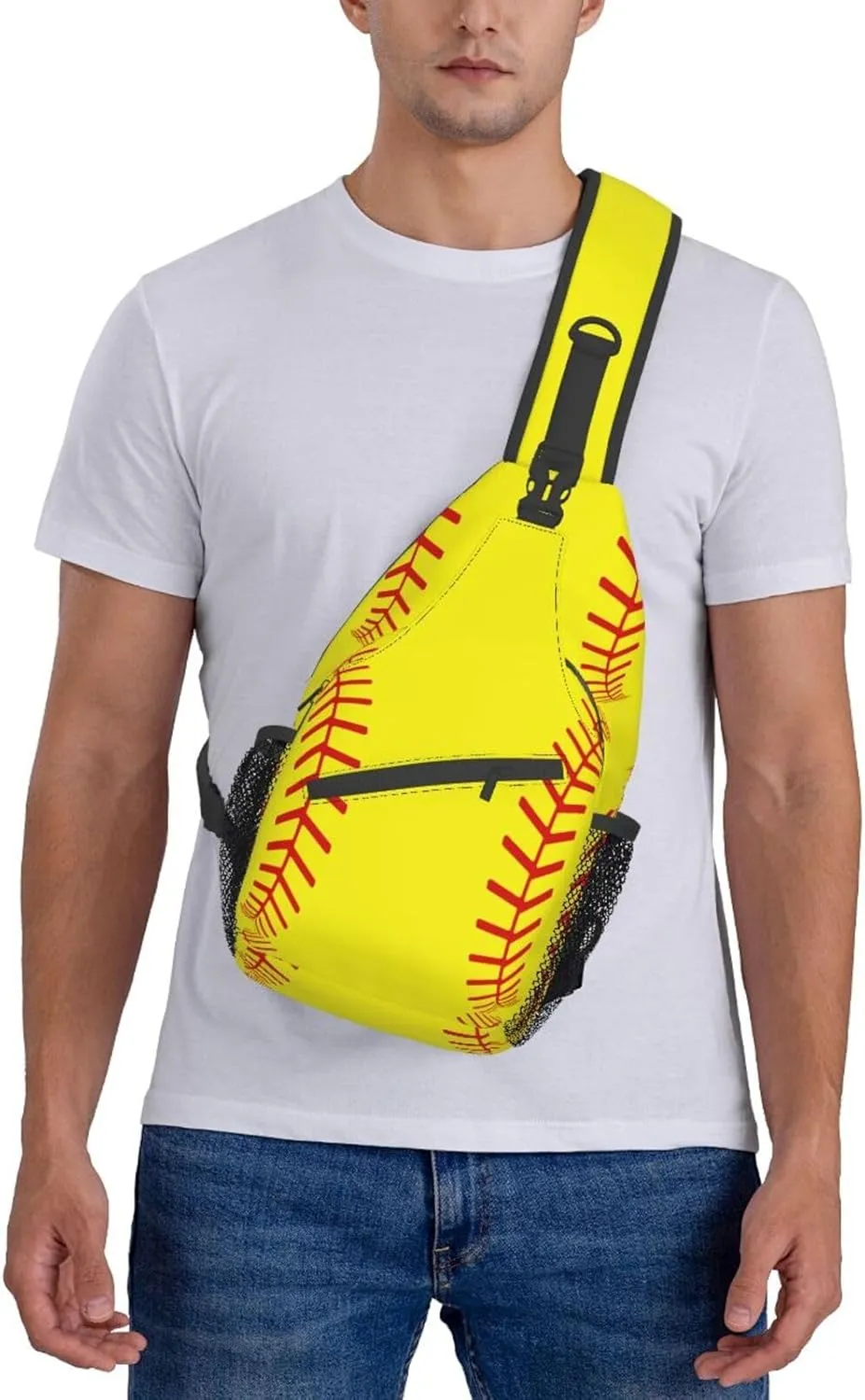 Softball Stitches Sport Sling Bag for Women Men Crossbody Backpack Cycling Hiking Daypack Chest Shoulder Bag with Adjustable Strap