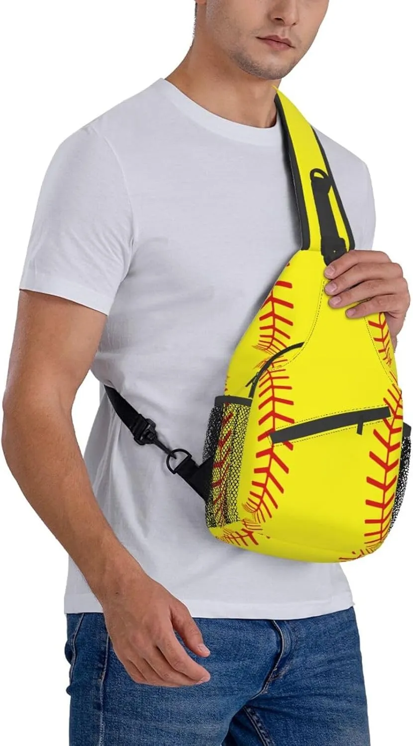 Softball Stitches Sport Sling Bag for Women Men Crossbody Backpack Cycling Hiking Daypack Chest Shoulder Bag with Adjustable Strap