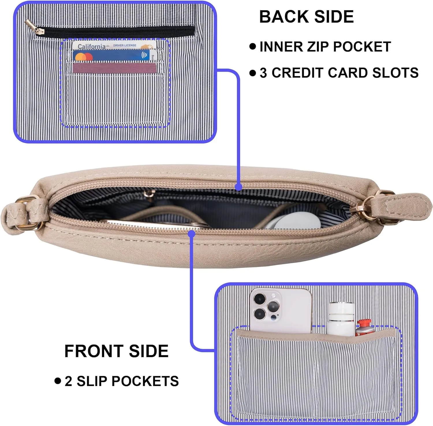 Solene Small Multi Zipper Pocket Crossbody Bag with Adjustable Strap, Lightweight Travel Purse, Daily Small Messenger Pouch