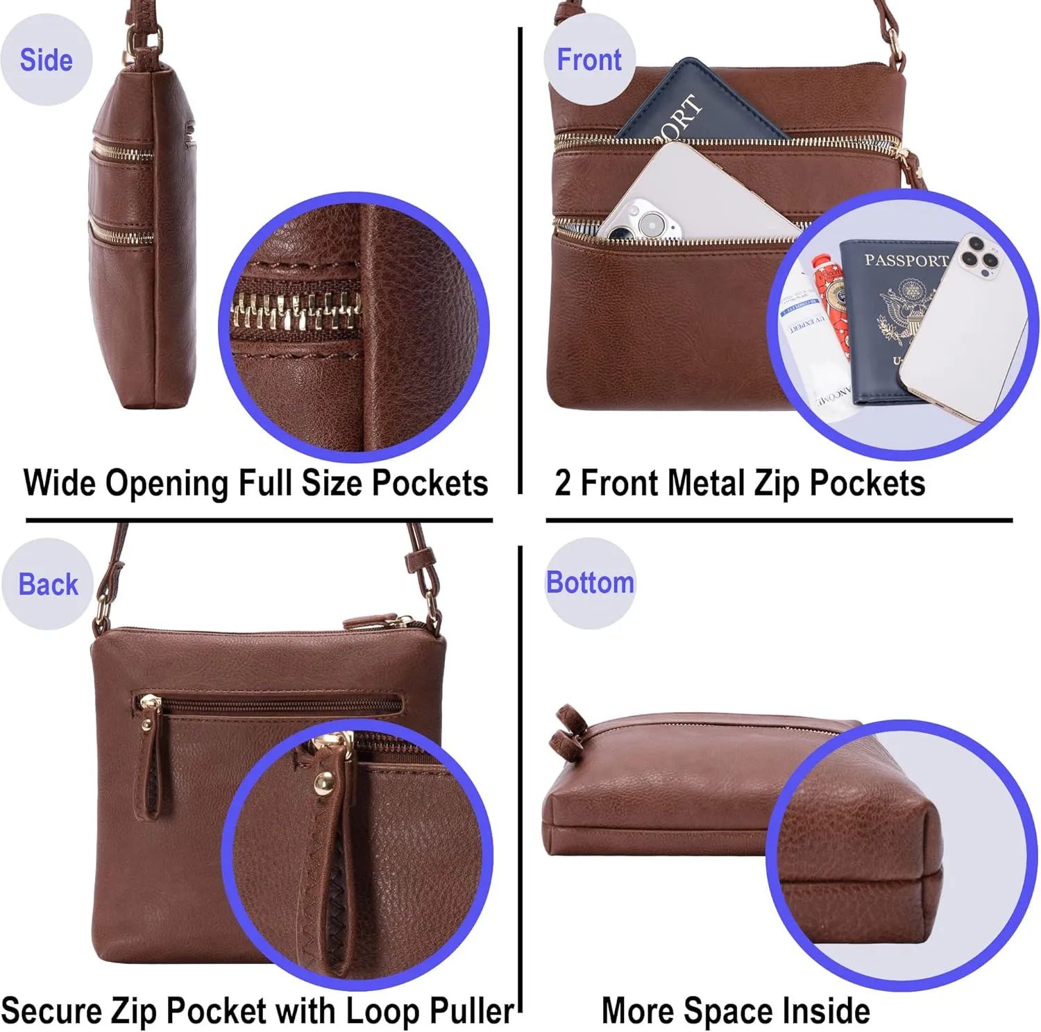 Solene Small Multi Zipper Pocket Crossbody Bag with Adjustable Strap, Lightweight Travel Purse, Daily Small Messenger Pouch