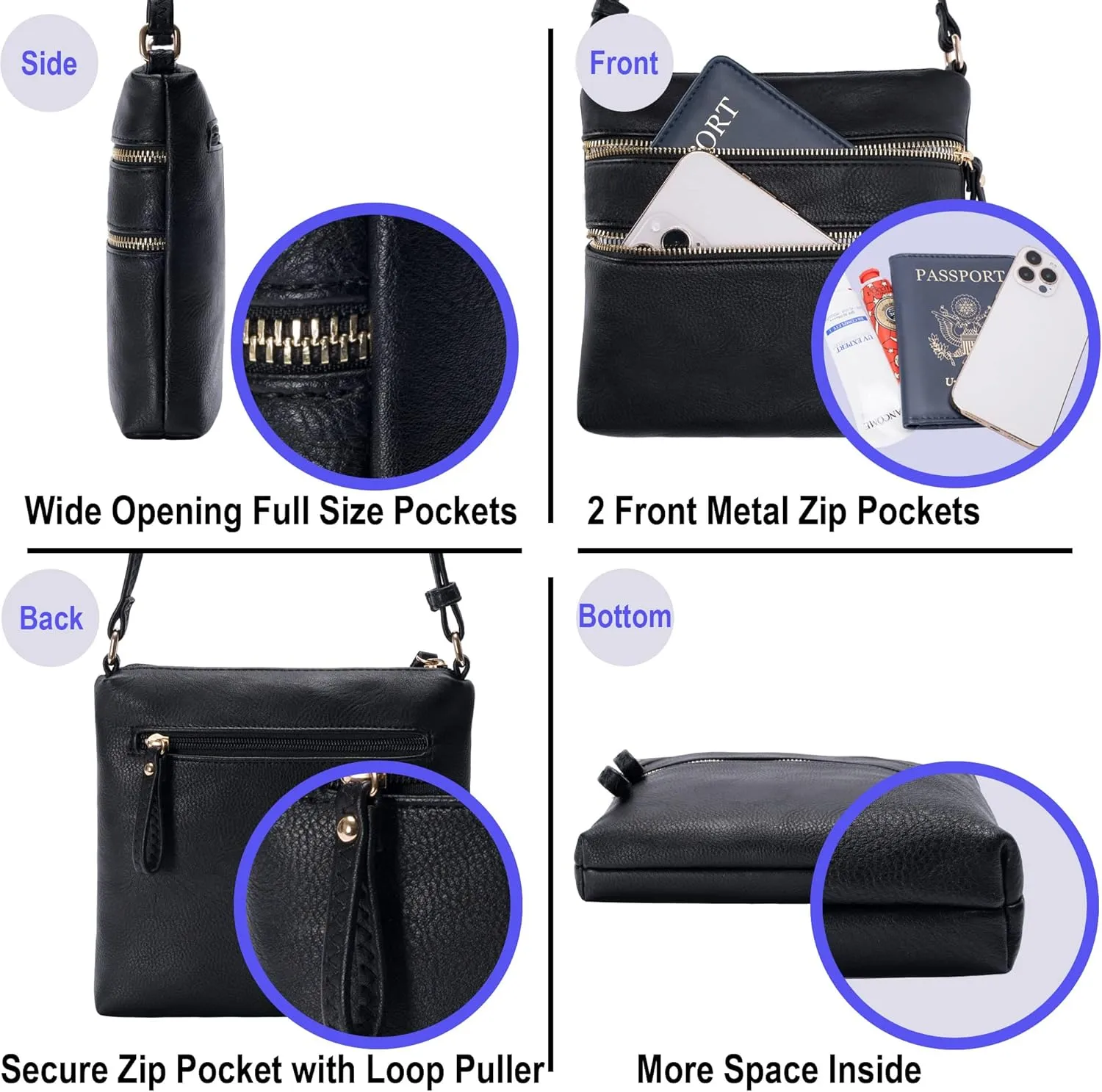 Solene Small Multi Zipper Pocket Crossbody Bag with Adjustable Strap, Lightweight Travel Purse, Daily Small Messenger Pouch