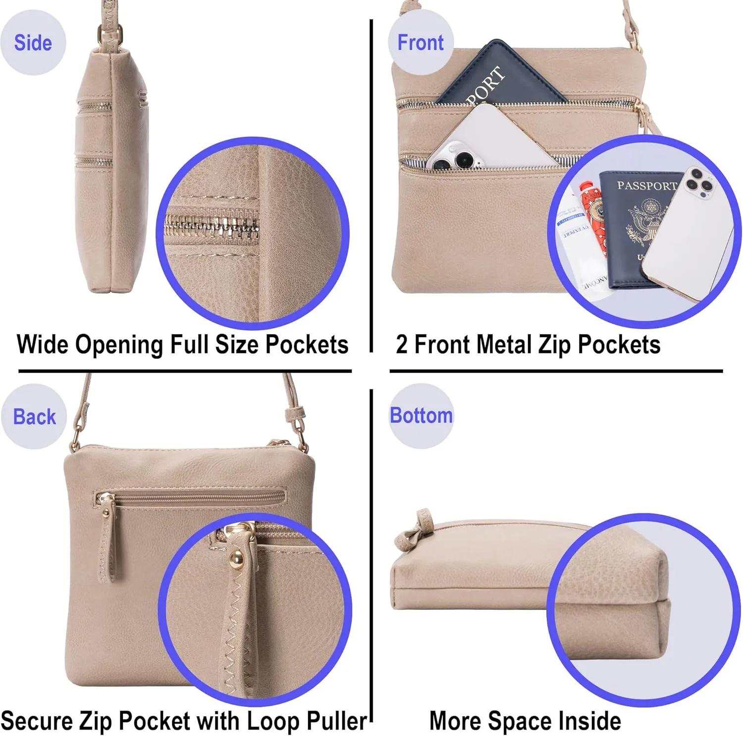 Solene Small Multi Zipper Pocket Crossbody Bag with Adjustable Strap, Lightweight Travel Purse, Daily Small Messenger Pouch