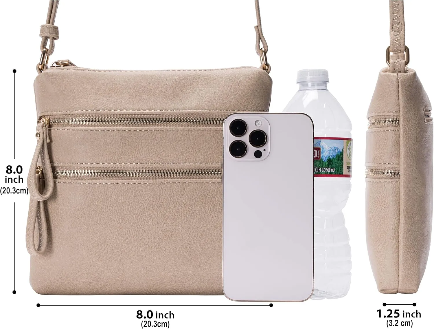 Solene Small Multi Zipper Pocket Crossbody Bag with Adjustable Strap, Lightweight Travel Purse, Daily Small Messenger Pouch