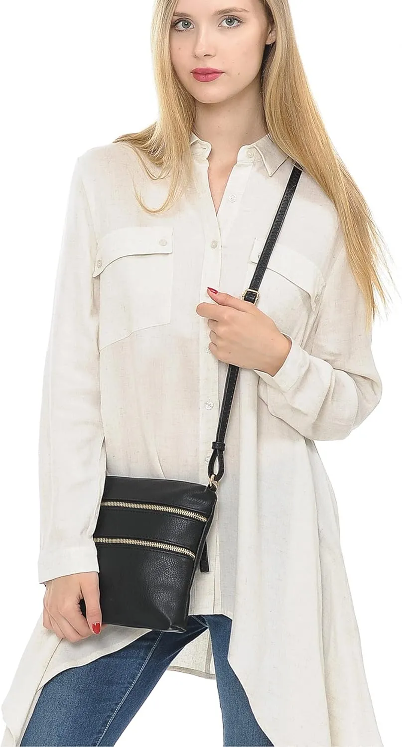Solene Small Multi Zipper Pocket Crossbody Bag with Adjustable Strap, Lightweight Travel Purse, Daily Small Messenger Pouch
