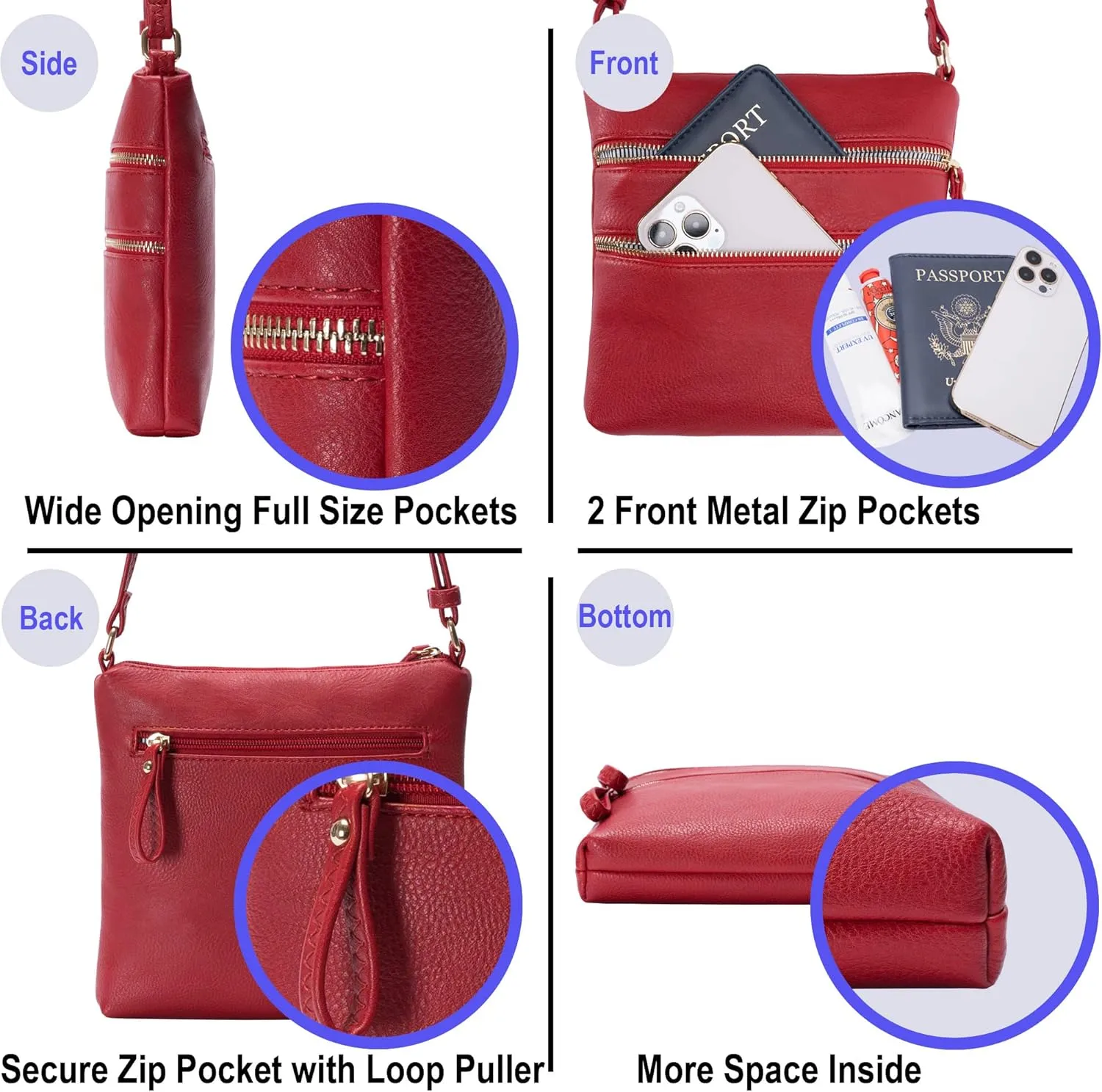 Solene Small Multi Zipper Pocket Crossbody Bag with Adjustable Strap, Lightweight Travel Purse, Daily Small Messenger Pouch