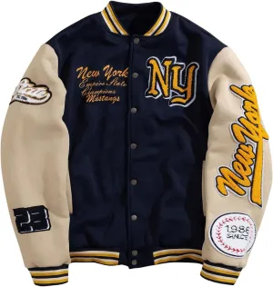 SOLY HUX Men's Letter Graphic Varsity Jacket Long Sleeve Button Up Patched Baseball Jacket Streetwear