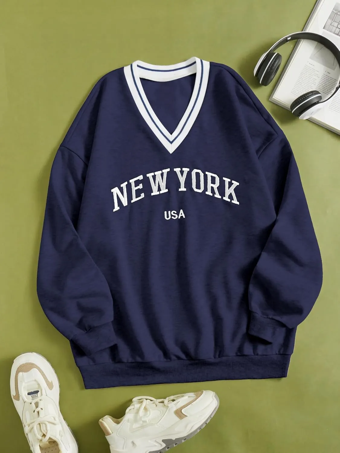 SOLY HUX Women's New York Letter Graphic Sweatshirt V Neck Long Sleeve Casual Pullover Top