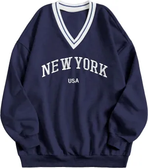 SOLY HUX Women's New York Letter Graphic Sweatshirt V Neck Long Sleeve Casual Pullover Top