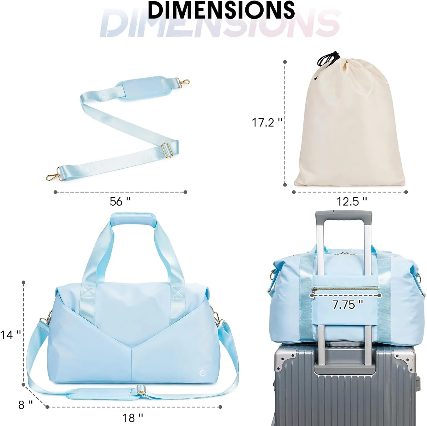 Spirit Airlines Personal Item Duffel Bag - 18x14x8 Weekender Overnight Carry-on for Women (Light Blue) with TSA Approved Quart Size & Shoes Bag