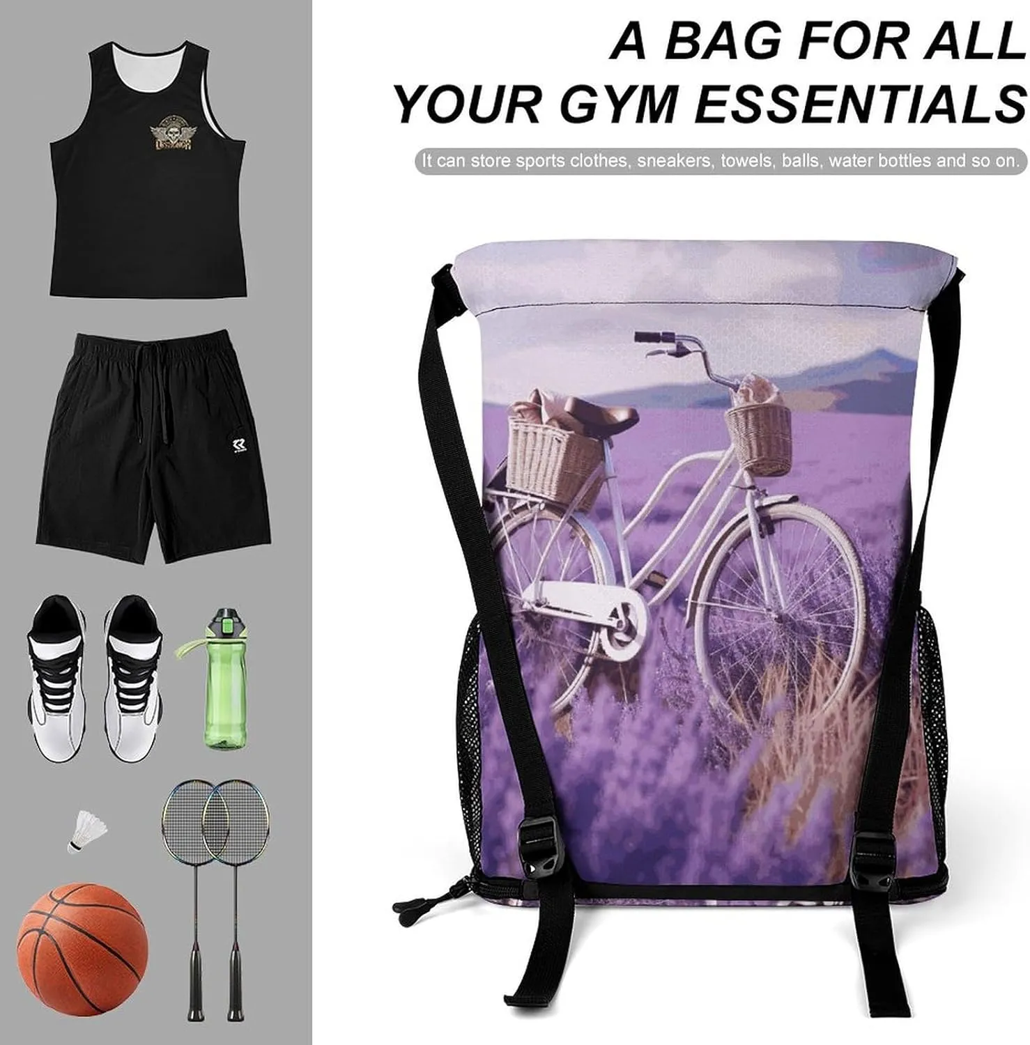 Sport Drawstring Backpack Beach Bag Lavender Field Bike Drawstring Bag Suitable for Fitness And Swimming