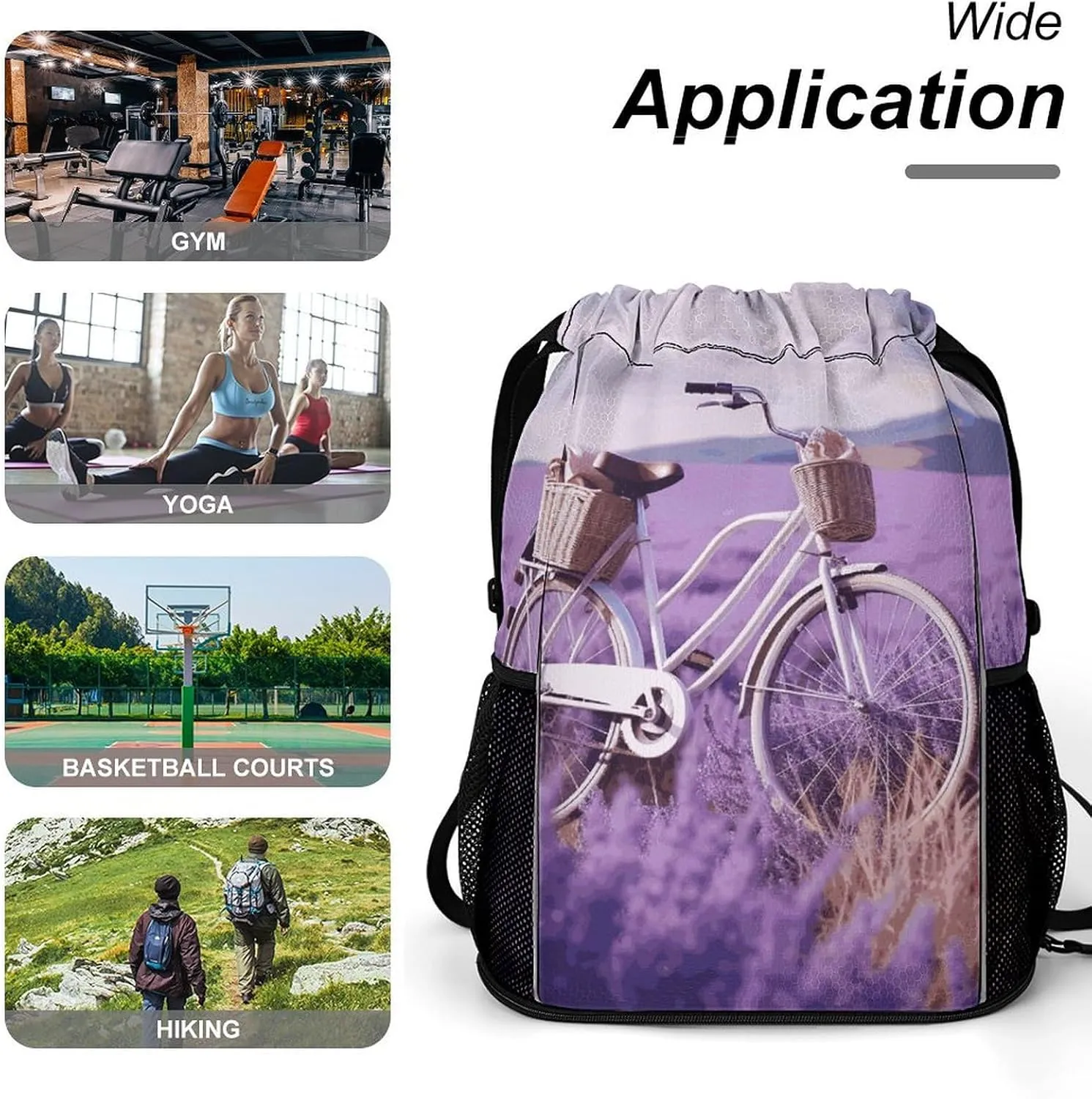 Sport Drawstring Backpack Beach Bag Lavender Field Bike Drawstring Bag Suitable for Fitness And Swimming