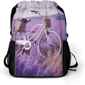 Sport Drawstring Backpack Beach Bag Lavender Field Bike Drawstring Bag Suitable for Fitness And Swimming