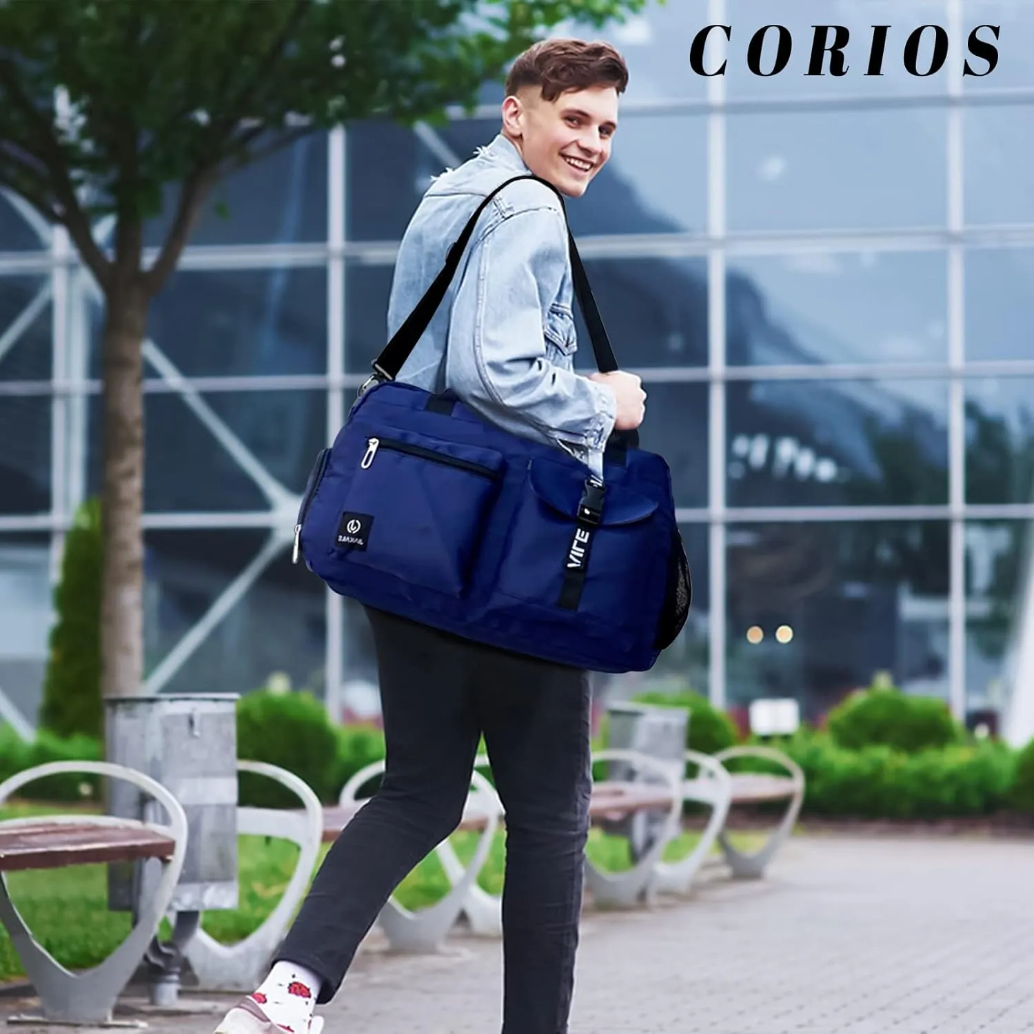Sport Duffel Bag Travel Duffel Bag for Women/Men Large Gym Tote Bag Ultra-Light Weekend Shoulder Bag Overnight Bag Hospital Bag Carry On Luggage with Shoes Compartment and Wet Pocket Blue