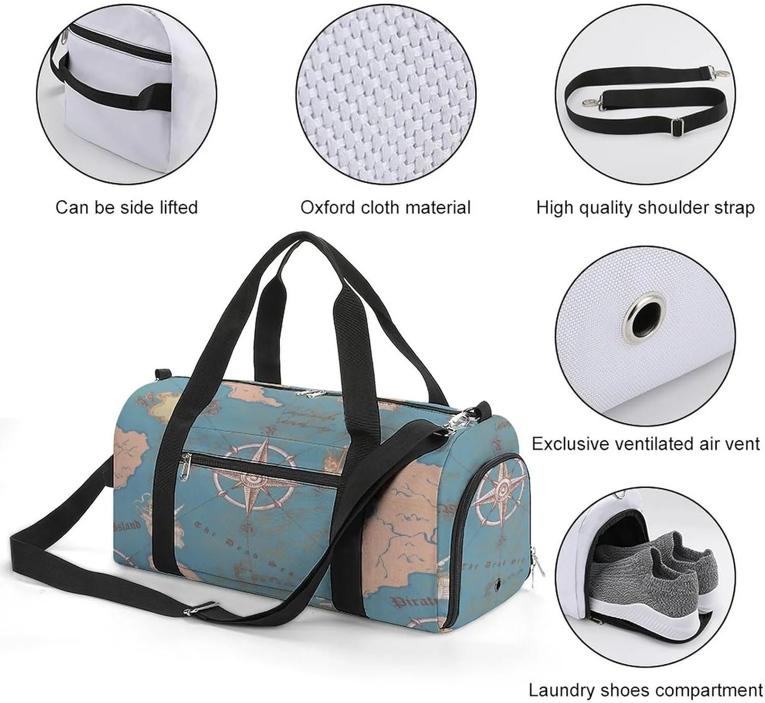 Sport Gym Duffel with Shoe Compartment Wet Pocket, Ancient-nautical-chart-sea-routes Shoulder Travel Bag for Women Men