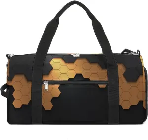 Sport Gym Duffel with Shoe Compartment Wet Pocket, Black-gold-hexagonal-pattern Shoulder Travel Bag for Women Men, style-1