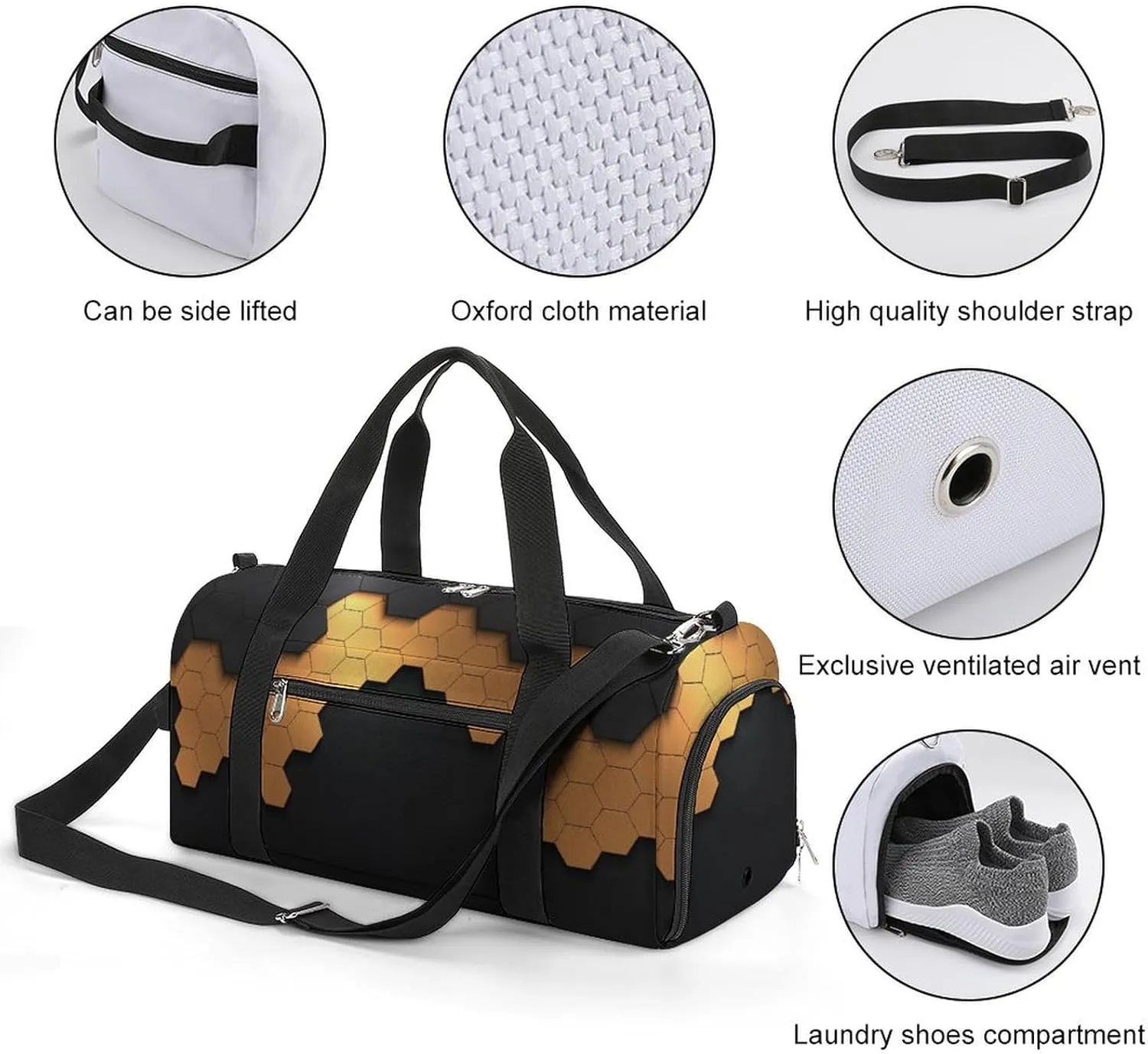 Sport Gym Duffel with Shoe Compartment Wet Pocket, Black-gold-hexagonal-pattern Shoulder Travel Bag for Women Men, style-1