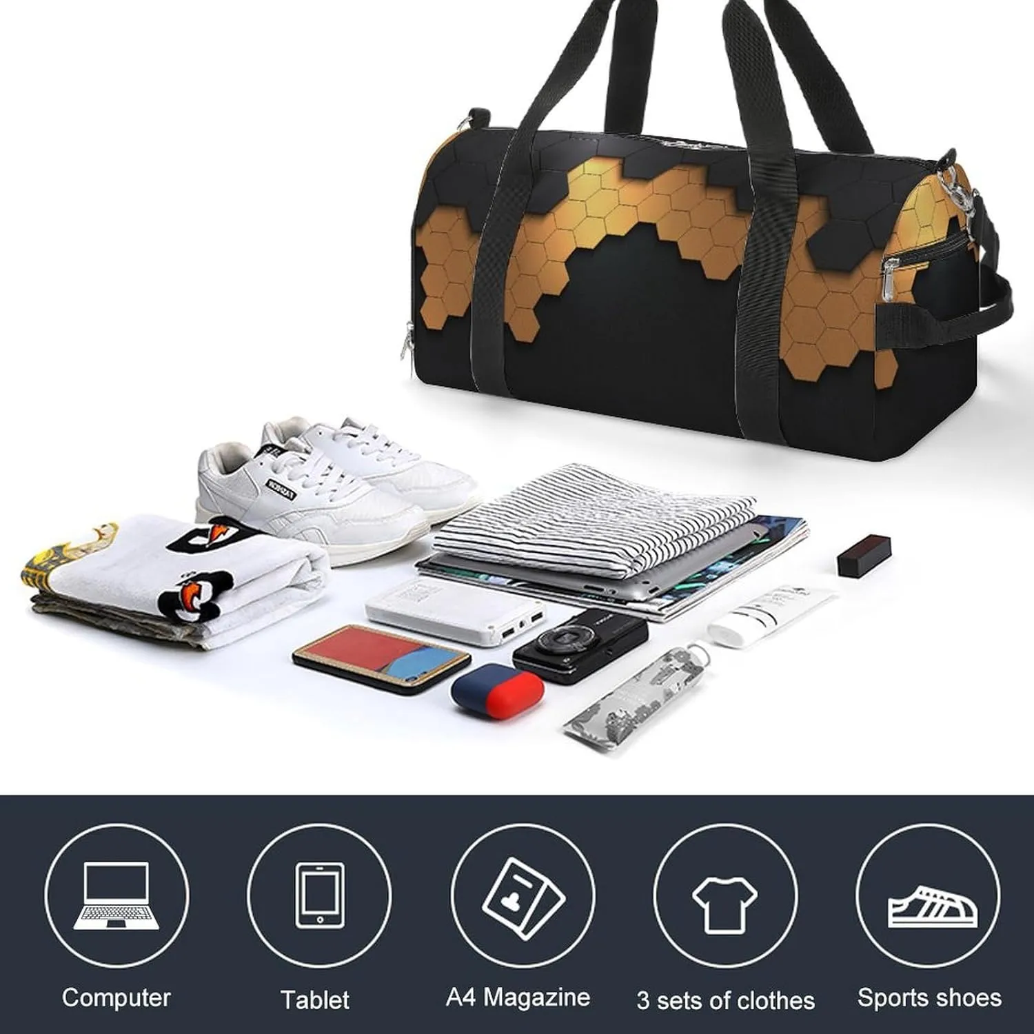 Sport Gym Duffel with Shoe Compartment Wet Pocket, Black-gold-hexagonal-pattern Shoulder Travel Bag for Women Men, style-1