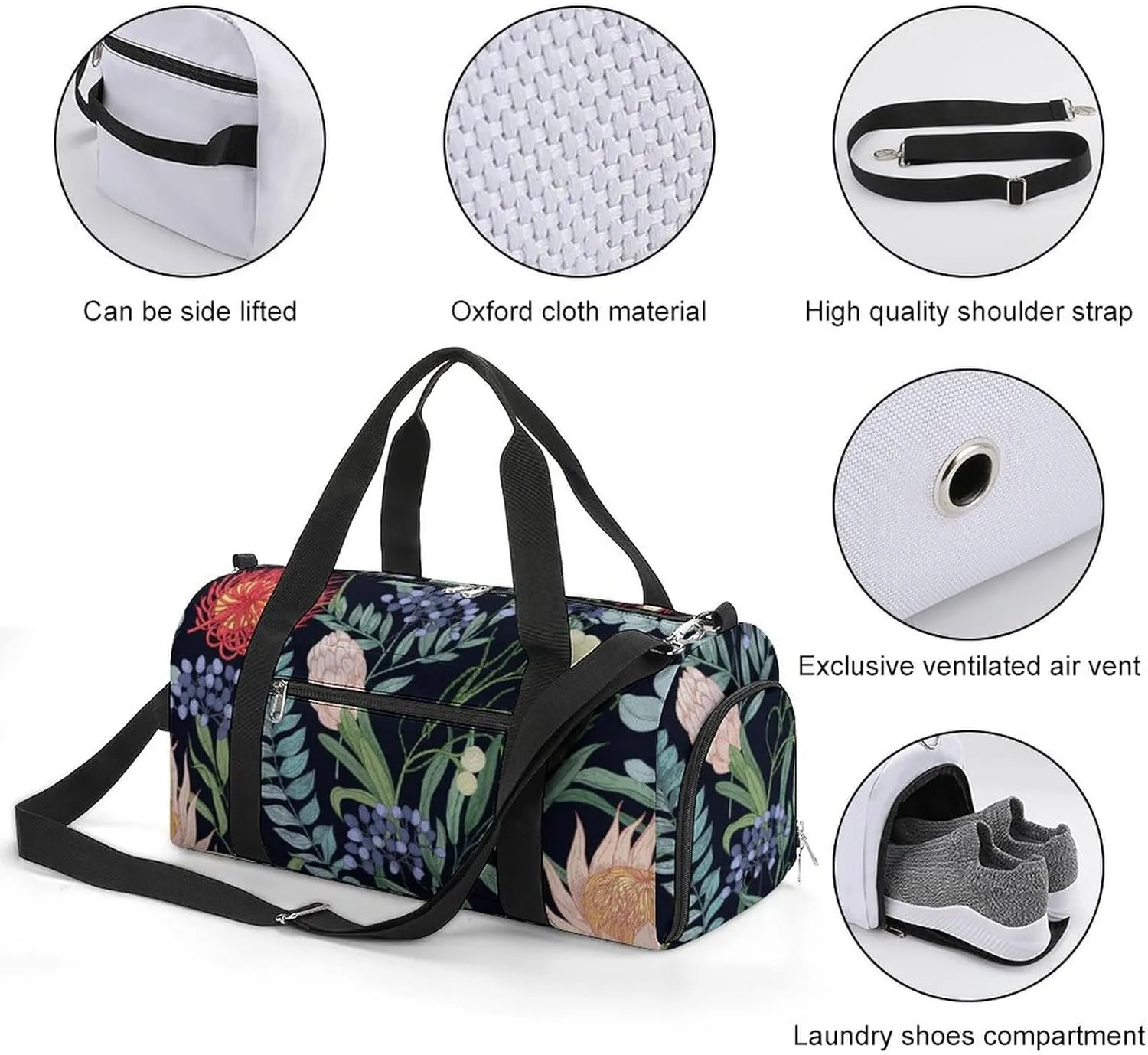 Sport Gym Duffel with Shoe Compartment Wet Pocket, Blooming-flowers-black-print Shoulder Travel Bag for Women Men