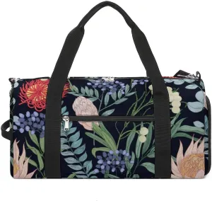 Sport Gym Duffel with Shoe Compartment Wet Pocket, Blooming-flowers-black-print Shoulder Travel Bag for Women Men