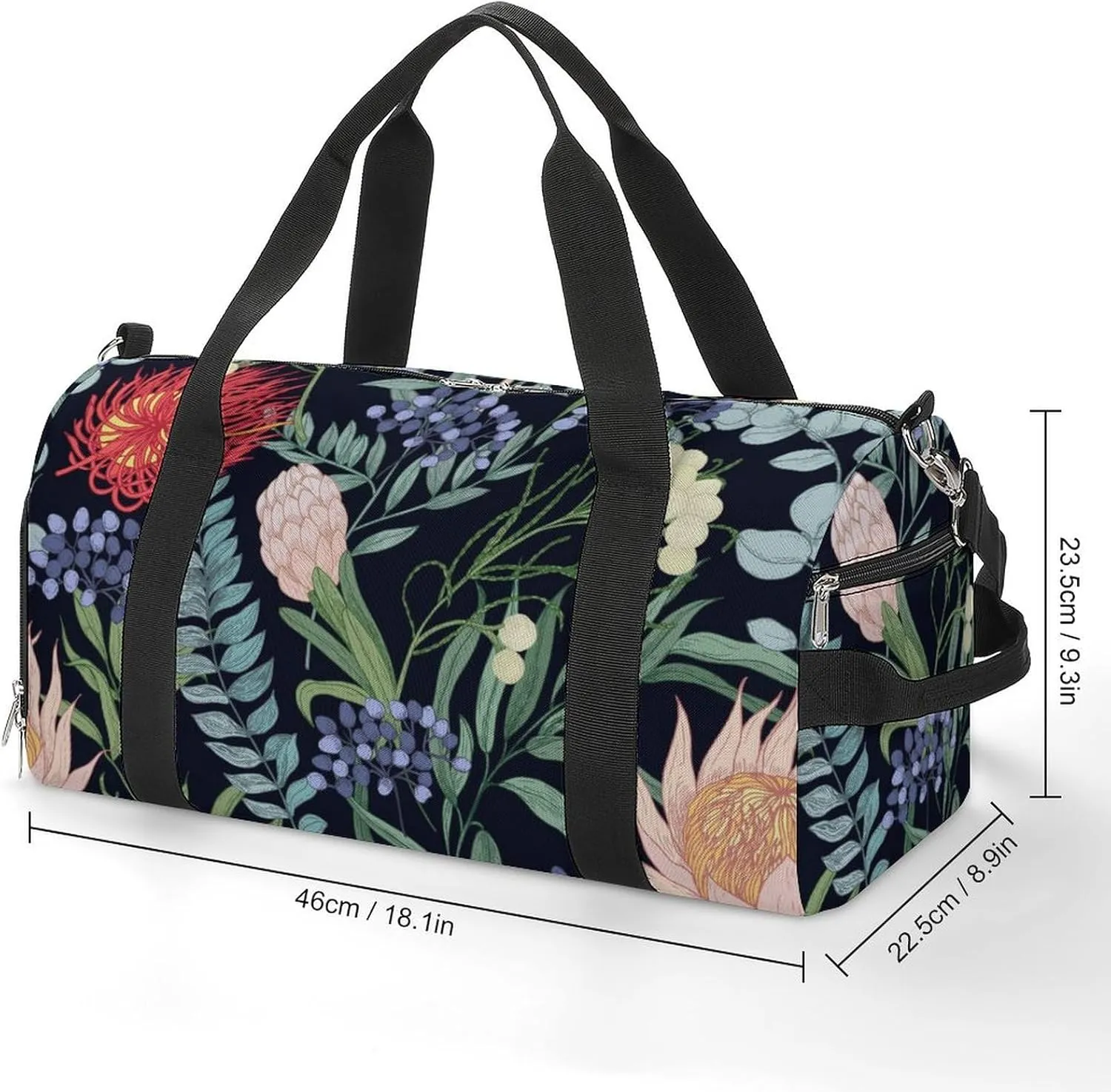 Sport Gym Duffel with Shoe Compartment Wet Pocket, Blooming-flowers-black-print Shoulder Travel Bag for Women Men